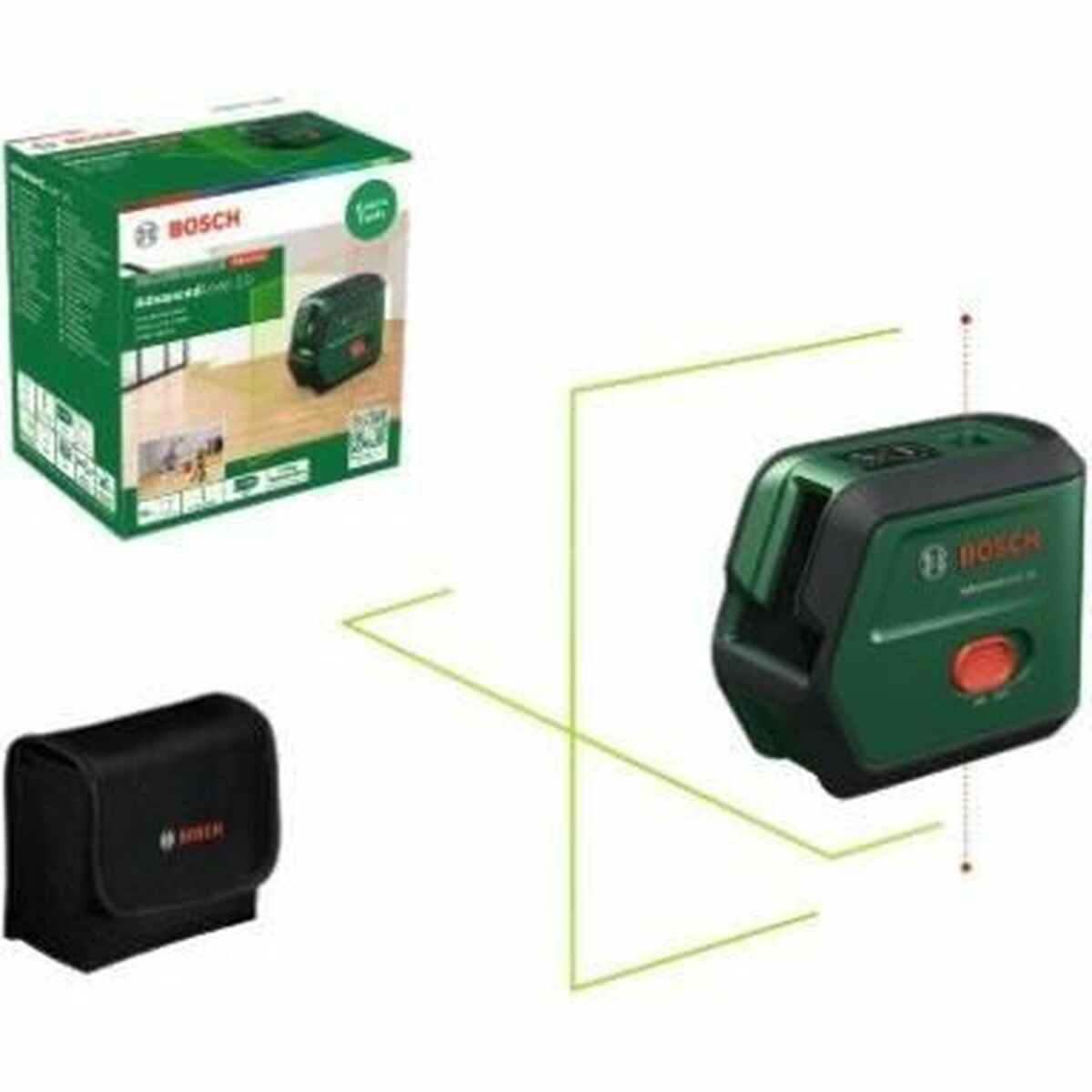 L'immagine mostra un livella laser Bosch, una scatola e una custodia nera. La livella laser è verde e nera. La scatola è verde. La custodia è nera.