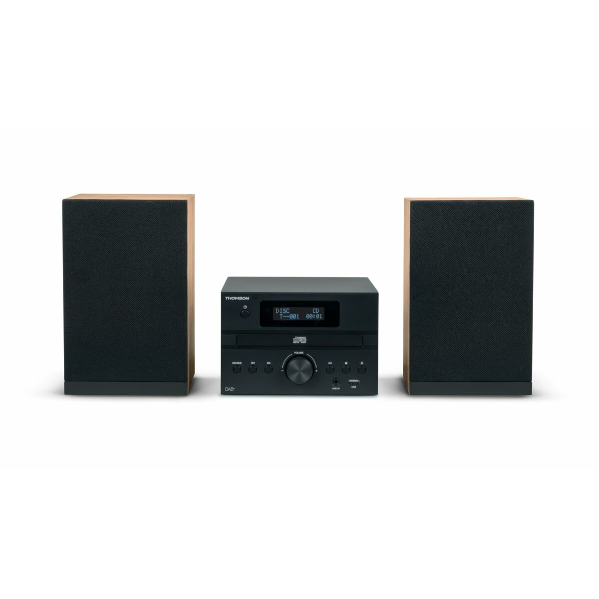 Ein schwarzes Thomson-Stereosystem mit zwei Lautsprechern. Das Stereo hat ein Display mit "DISC", "T-001" und Uhrzeit. Die Lautsprecher haben holzfarbene Seiten.
