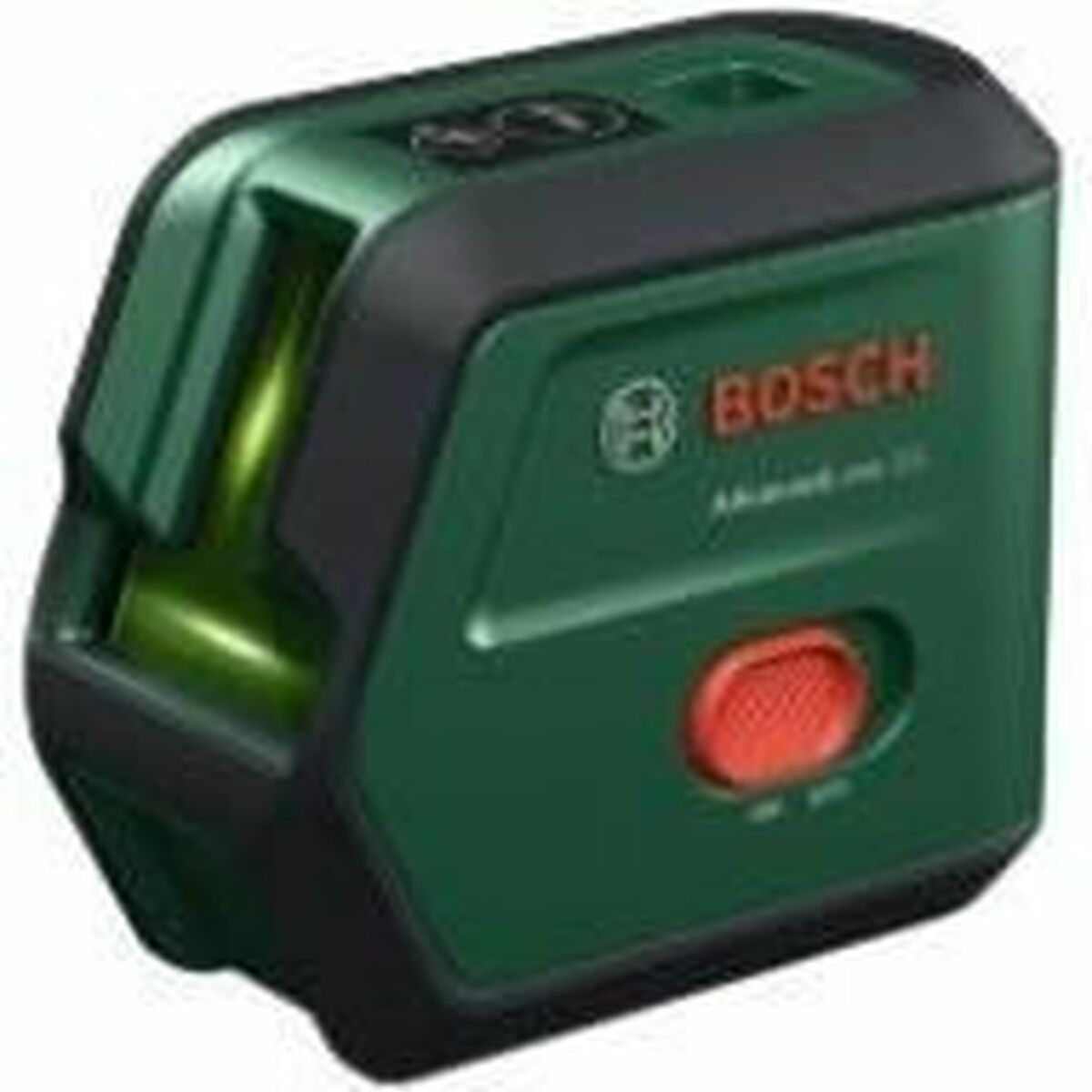 Un livello laser Bosch verde e nero. Ha un pulsante rosso e il logo Bosch. Sono visibili anche linee laser verdi.