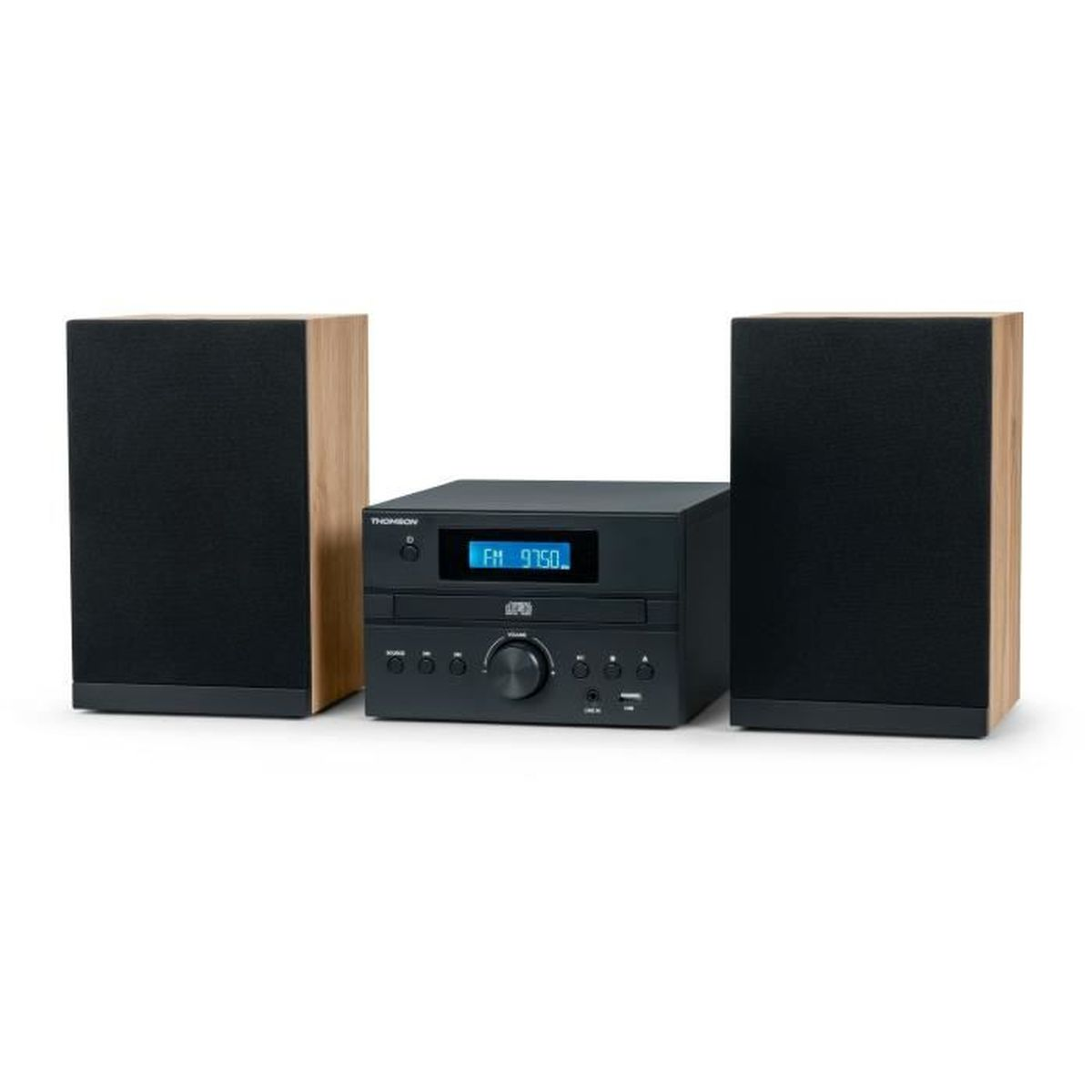 Eine schwarze Stereoanlage mit zwei Lautsprechern. Die Mitte hat ein Display mit FM 97.50. Die Lautsprecher haben Holzseiten.