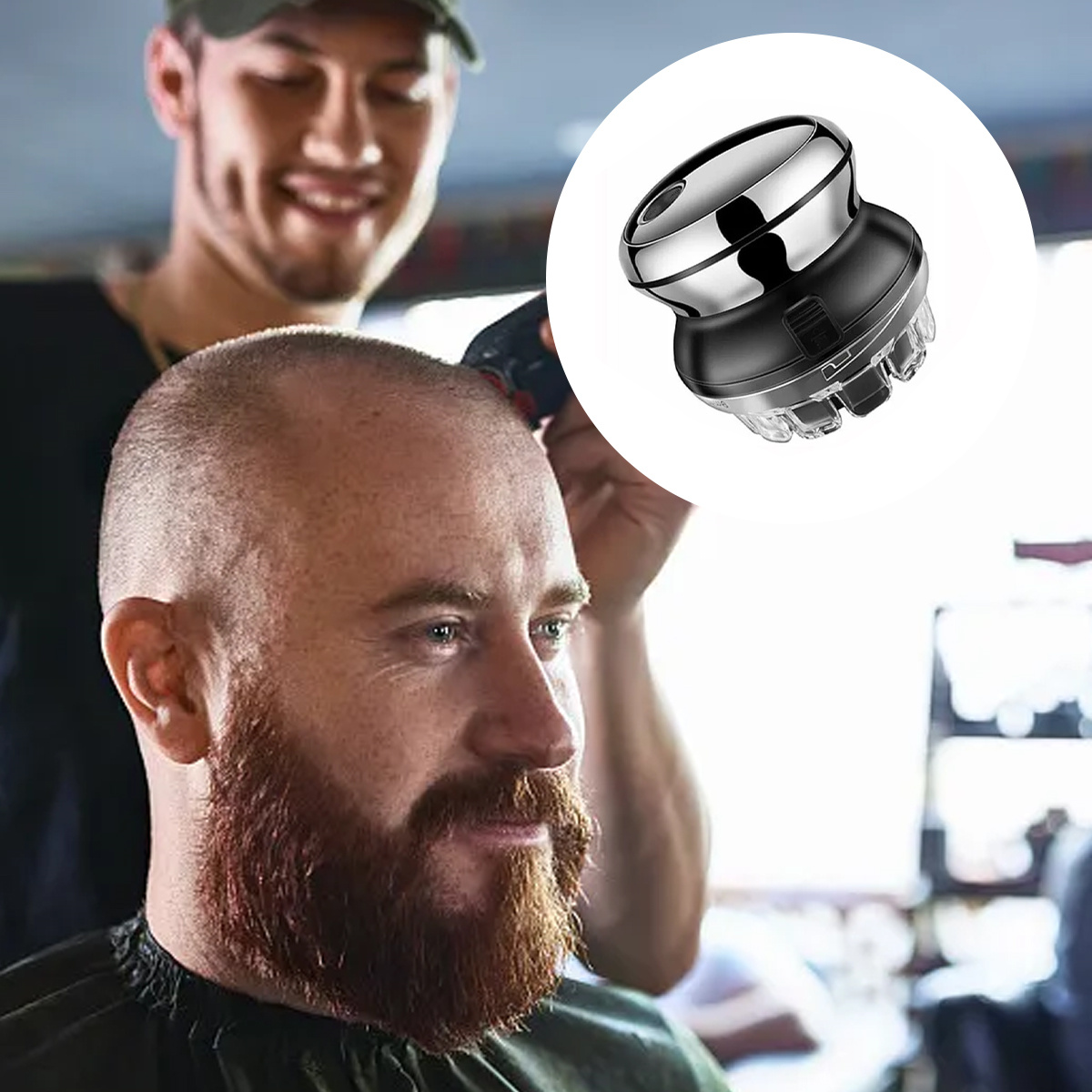 Ein Friseur rasiert einem Mann den Kopf mit einem Haarschneider. Der Mann hat einen roten Bart. Ein Haarschneider wird auf einem weißen Kreis gezeigt.