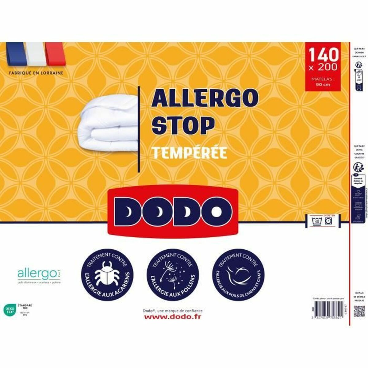 Gelbe Dodo Allergo Stop Deckenverpackung. Enthält Text, Logo und Produktdetails. Enthält eine französische Flagge und Allergiekontrollsymbole.