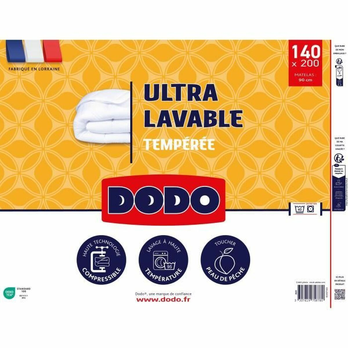 Dodo-Bettdeckenverpackung. Mit Text 'ULTRA LAVABLE TEMPEREE' und den Maßen 140x200 cm. Der Hintergrund ist gelb mit Muster.