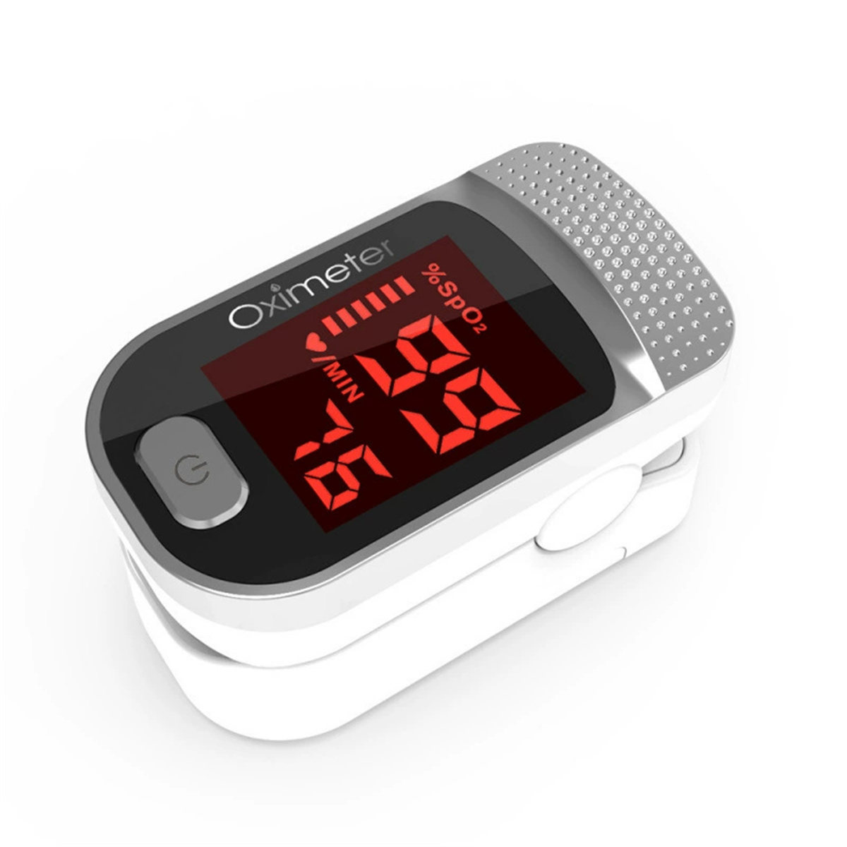 Ein weißes Oximeter zeigt rote Zahlen für Sauerstoffsättigung und Pulsfrequenz an. Es hat einen schwarzen Bildschirm, einen Einschaltknopf und eine Fingerklemme.