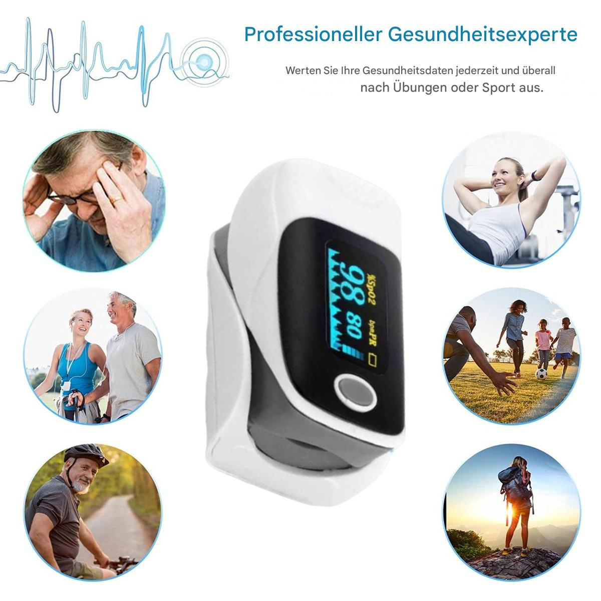 Ein Pulsoximeter mit Digitalanzeige, die Messwerte anzeigt. Es ist von Bildern von Menschen beim Training und einer Person mit Kopfschmerzen umgeben.