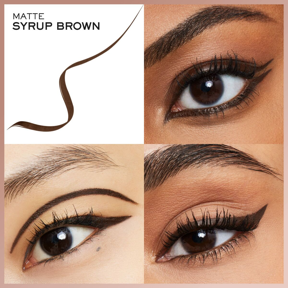 Das Bild zeigt braunen Eyeliner, der in verschiedenen Stilen auf vier verschiedenen Augen aufgetragen wurde. Oben links ist eine braune Eyeliner-Farbmuster abgebildet.