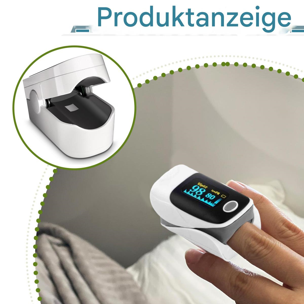Ein Finger-Pulsoximeter zeigt SpO2 und Pulsfrequenz an. Ein Finger wird in das Gerät gesteckt. Der Hintergrund hat eine Produktanzeige.