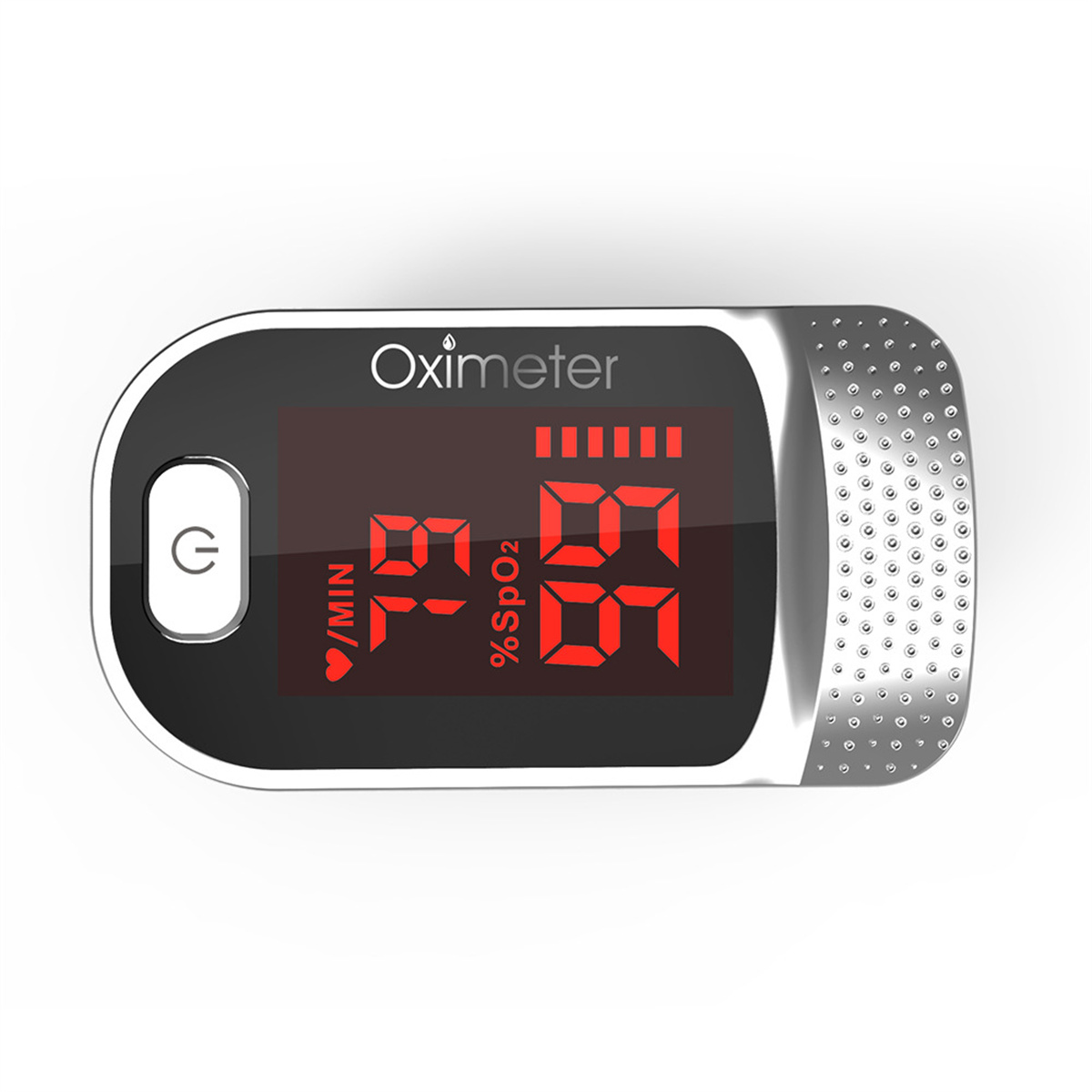 Ein digitales Oximeter zeigt 95% SpO2 und einen Puls von 75 an. Es ist schwarz und silberfarben, mit einem Ein-Aus-Knopf und dem Wort Oximeter.