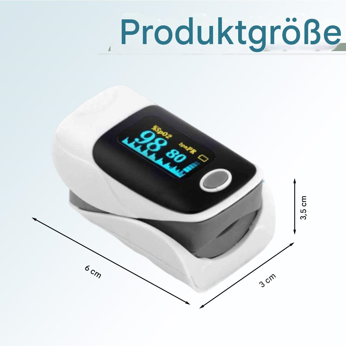 Ein weißes Pulsoximeter mit Digitalanzeige, die %SpO2 und bpm anzeigt. Abmessungen sind 6 cm x 3 cm x 3,5 cm. Der Hintergrund ist ein Farbverlauf.