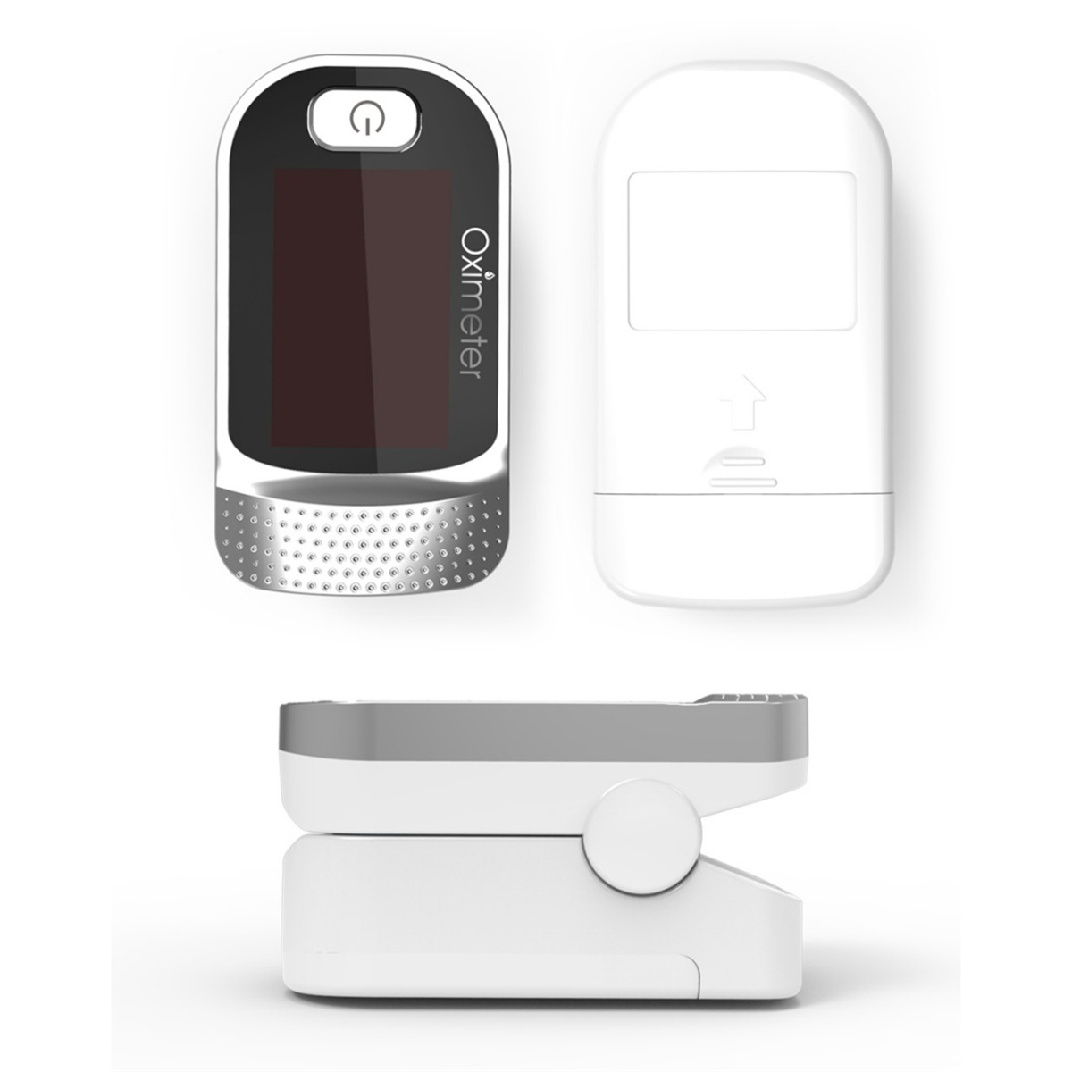 Ein Oximeter in drei Ansichten. Die Draufsicht zeigt den Bildschirm und die Power-Taste. Vorder- und Seitenansichten des Geräts.
