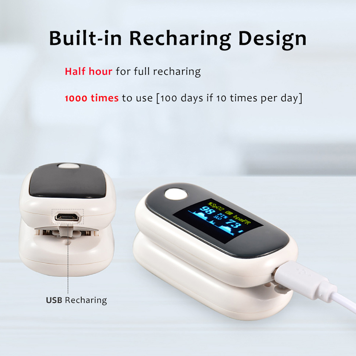 Das Bild zeigt zwei weiße Pulsoximeter, eines mit USB-Anschluss. Text: Eingebautes Aufladedesign, USB-Aufladung.