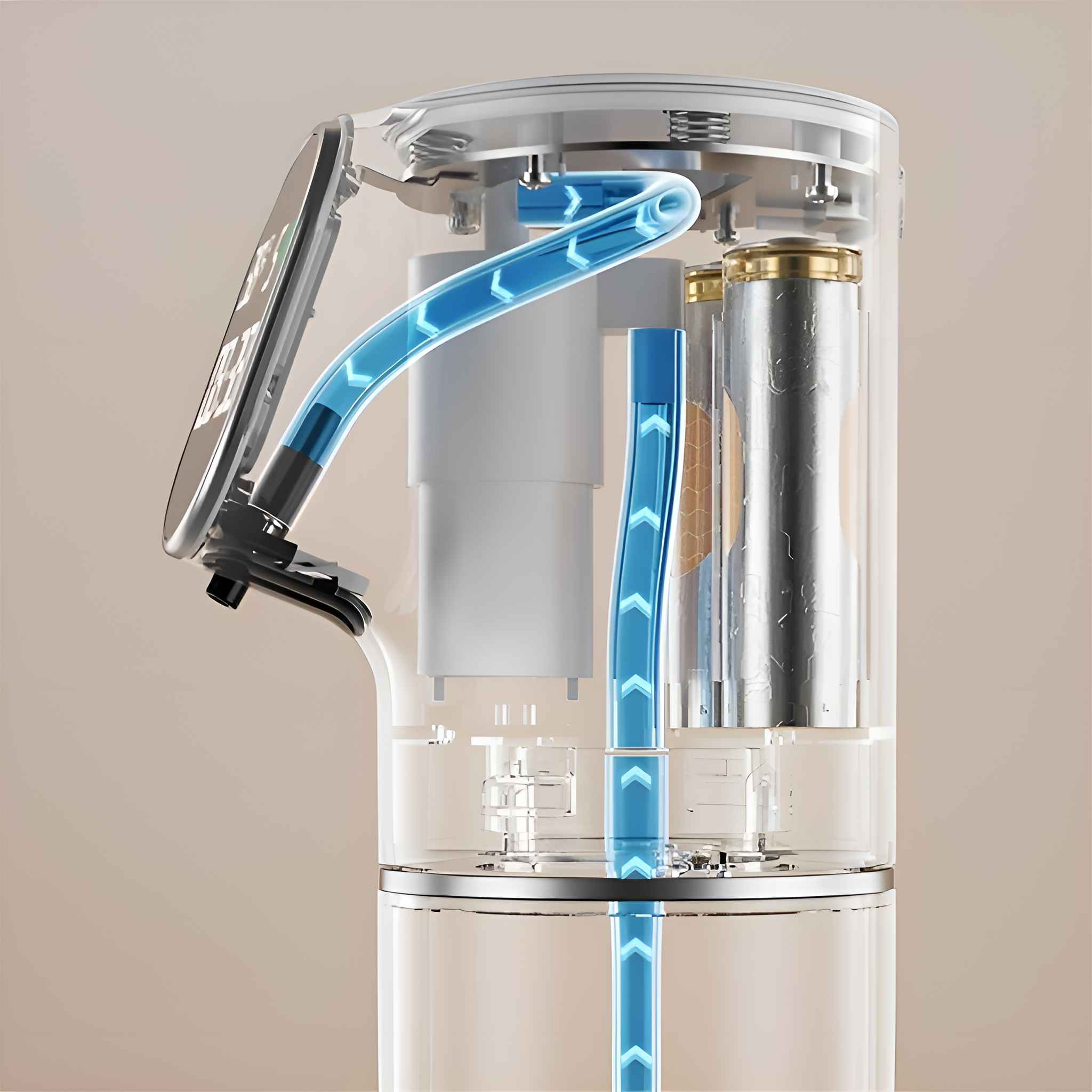 Ein transparenter Seifenspender mit blauem Flüssigkeitsdiagramm. Interne Komponenten sind sichtbar, einschließlich Display und Batterie.