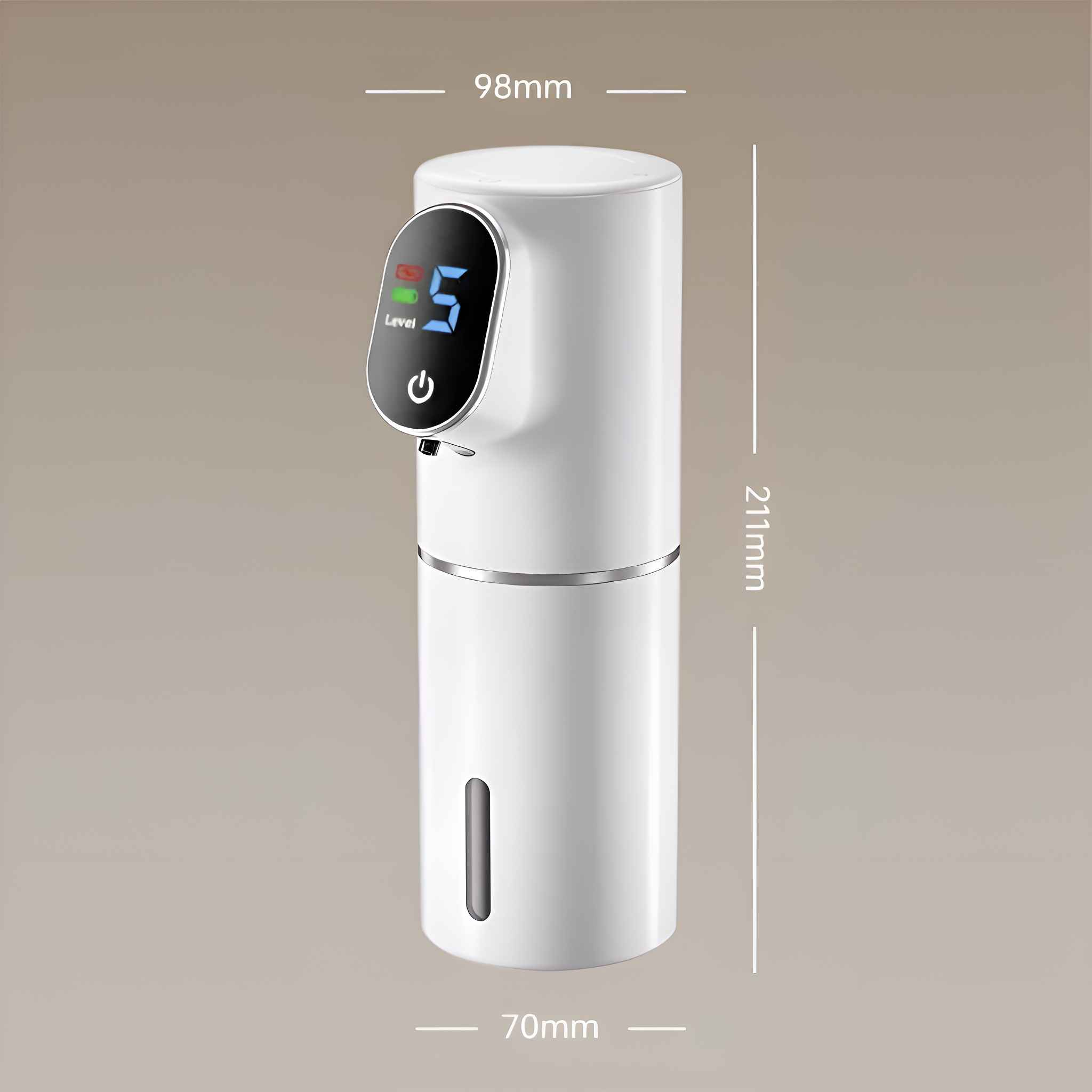 Ein weißer, automatischer Seifenspender mit digitaler Anzeige. Abmessungen sind angegeben.