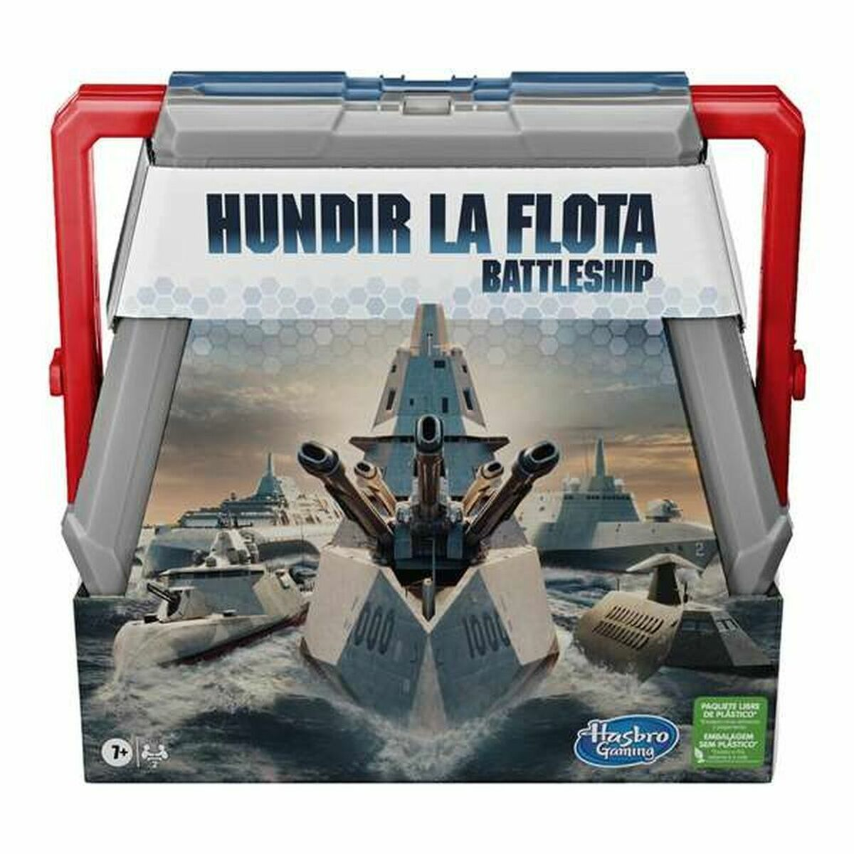 Schlachtschiff-Spielbox mit einem Bild von Schiffen auf See. Die Box hat rote Griffe und den Titel 'Hundir la Flota Battleship'.