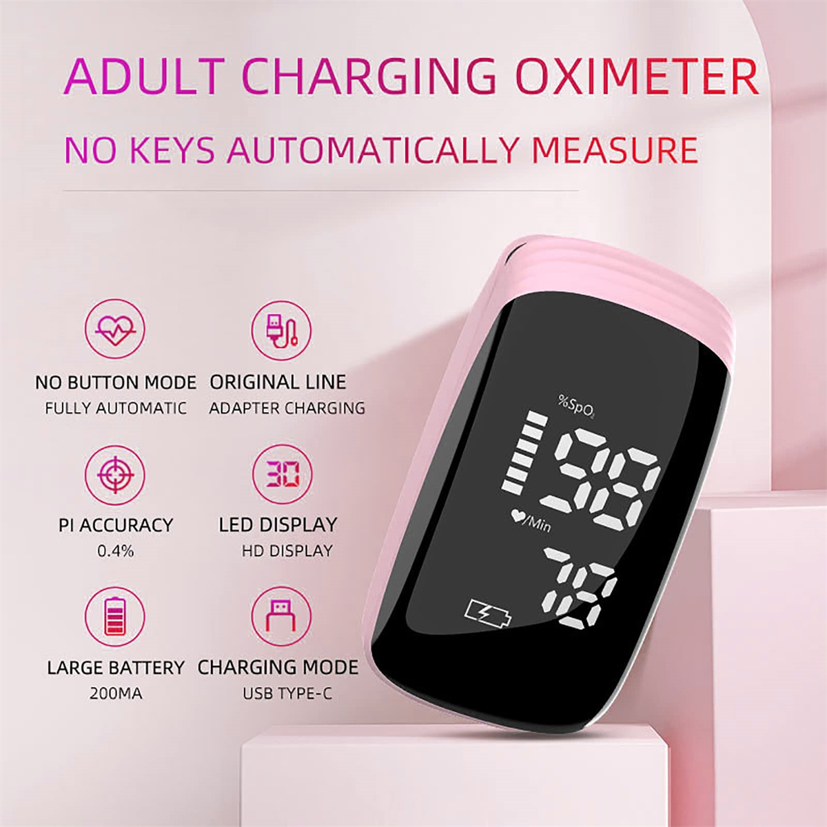 Pinkes Oximeter zeigt Vitalwerte an. Text hebt Funktionen hervor: keine Knöpfe, automatisch, LED-Anzeige, Lademodus und große Batterie.