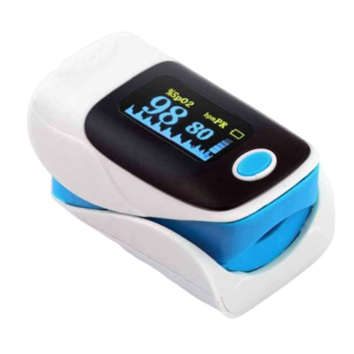 Ein Pulsoximeter, weiß und blau, zeigt SpO2 98 und bpm 80 an. Es hat eine Taste und einen digitalen Bildschirm.