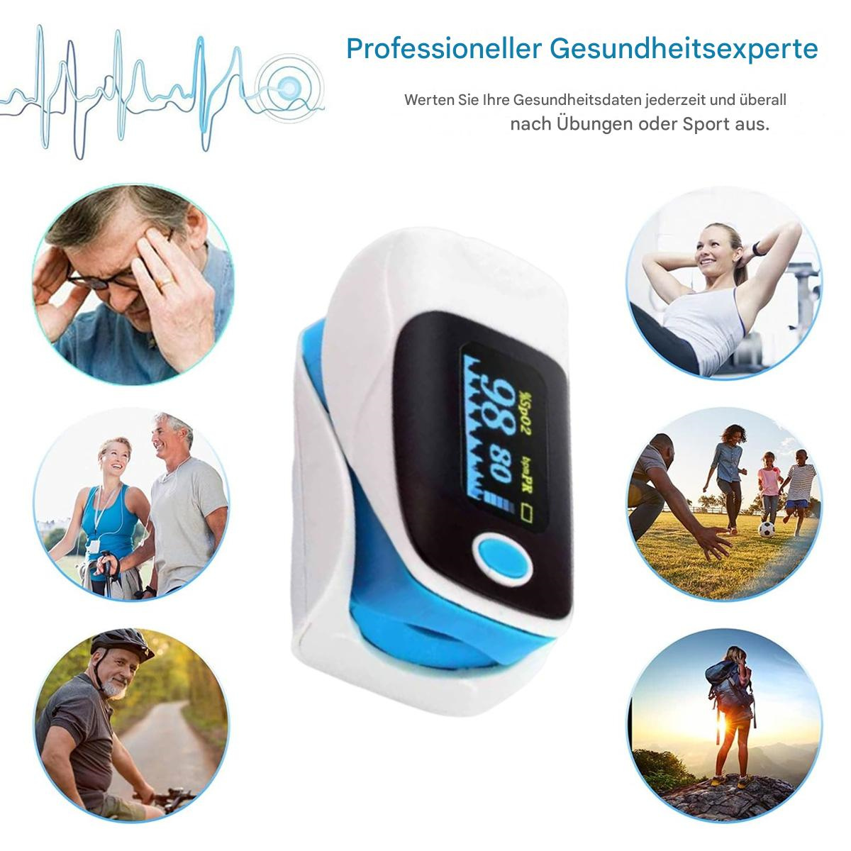Ein Pulsoximeter mit Messwerten, umgeben von Menschen, die Sport treiben, und Text in Deutsch über Gesundheitsdaten und Bewegung.