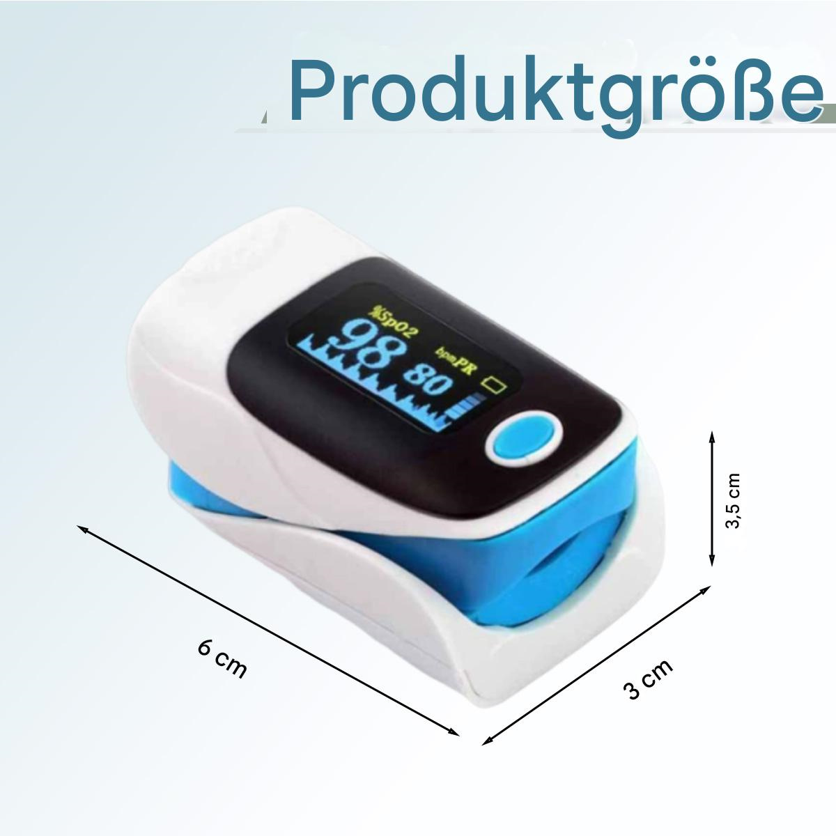 Ein Pulsoximeter, weiß und blau, zeigt 98% SpO2 und 80 bpm an. Abmessungen: 6 cm x 3 cm x 3,5 cm. Text: Produktgröße.