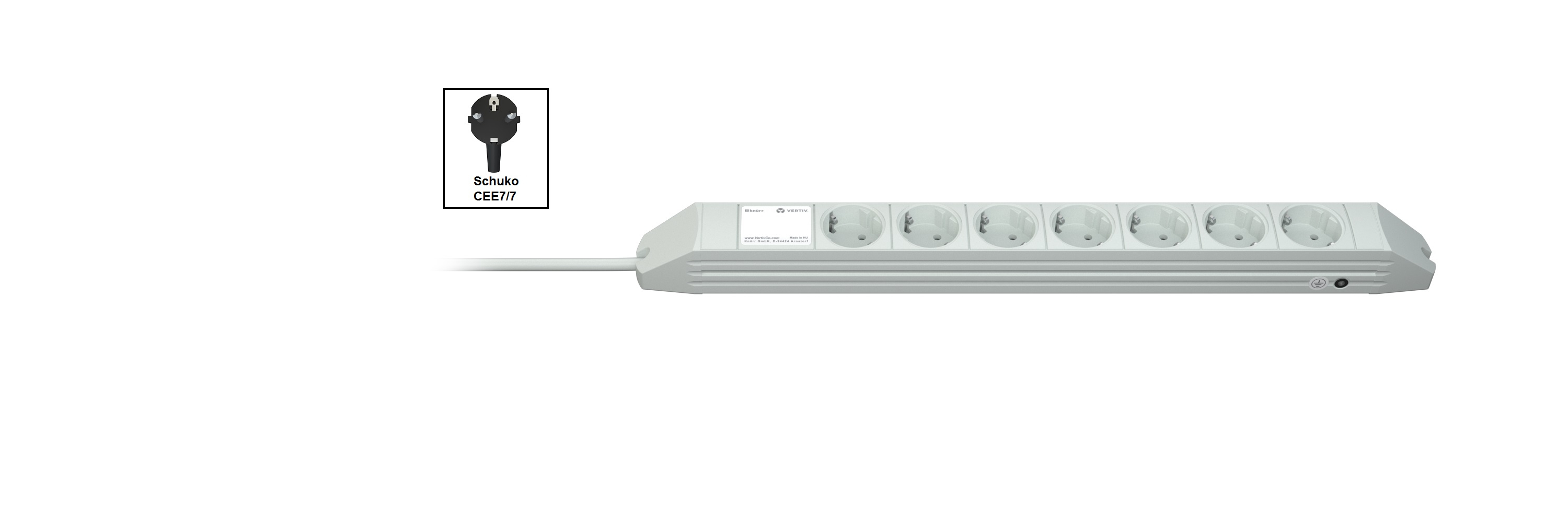 Biała listwa zasilająca z ośmioma gniazdami, czarnym logo wtyczki i białym przewodem zasilającym. Marka to Vertiv.