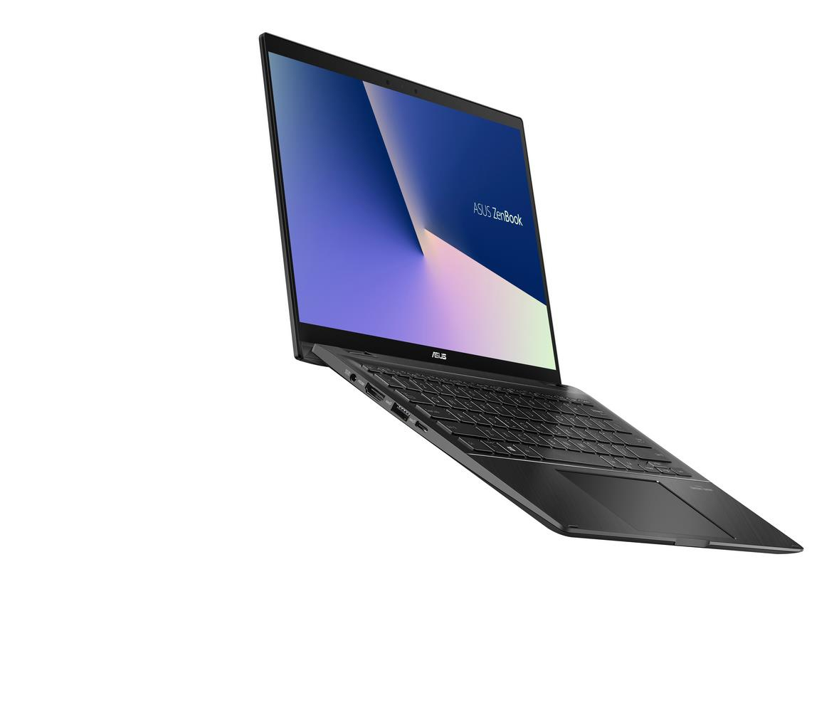 Ein schwarzes ASUS Zenbook-Laptop ist abgewinkelt, wobei der Bildschirm geöffnet ist. Der Bildschirm zeigt ein hellblaues und weißes Muster, und die Tastatur ist sichtbar.
