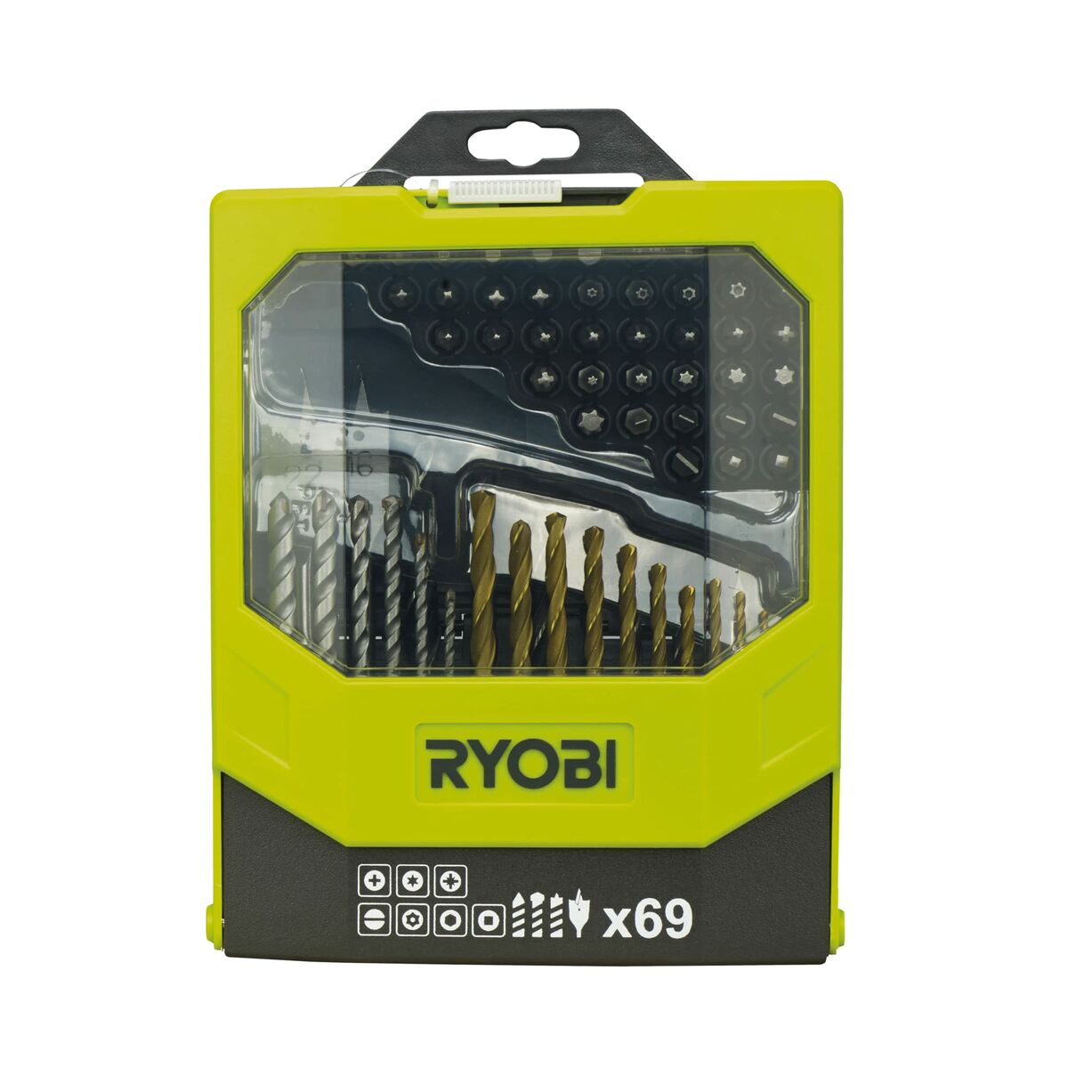 Ein Ryobi-Bohrer-Set. Das Set enthält Bohrer, Schrauberbits und eine Vielzahl von Größen. Das Gehäuse ist limettengrün und schwarz.