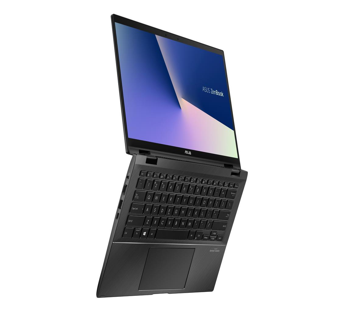 Ein Asus Zenbook Laptop ist aufgewinkelt geöffnet. Tastatur sichtbar, Bildschirm zeigt abstrakte Kunst, Markenname sichtbar.