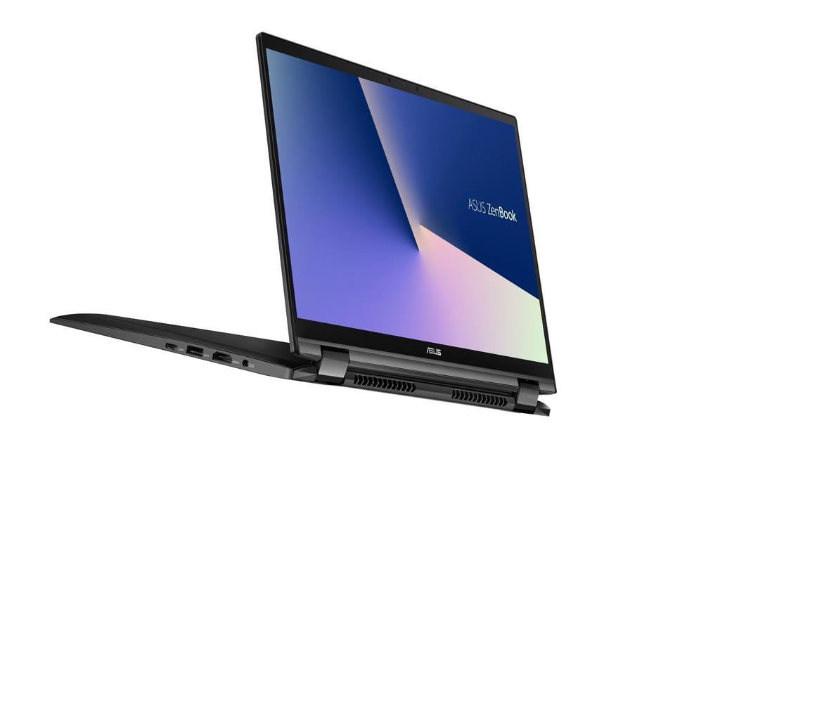 Ein schwarzes ASUS ZenBook-Laptop ist geöffnet. Der Bildschirm zeigt einen blau-weißen Farbverlauf. Der Hintergrund ist weiß.
