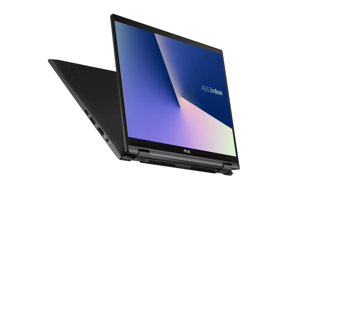 Ein schwarzes Asus Zenbook-Laptop ist geöffnet und zeigt einen blauen Bildschirm mit dem Markennamen. Der Hintergrund ist weiß.