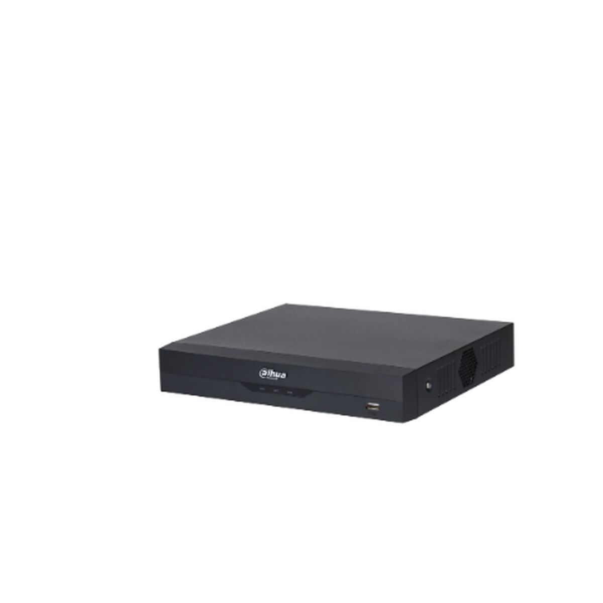 Un DVR Dahua nero su una superficie bianca. Ha prese d'aria laterali e una porta USB frontale. Il logo Dahua è visibile.