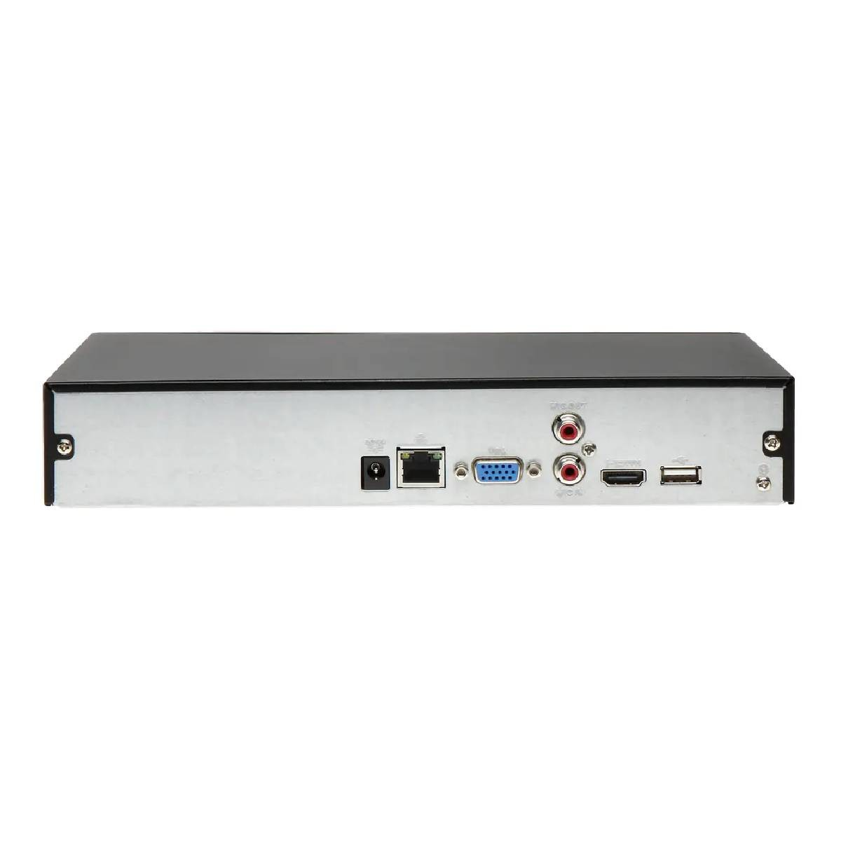 Pannello posteriore nero del dispositivo DVR con varie porte, tra cui alimentazione, Ethernet, VGA, audio, HDMI e USB. Pannello in metallo argentato.