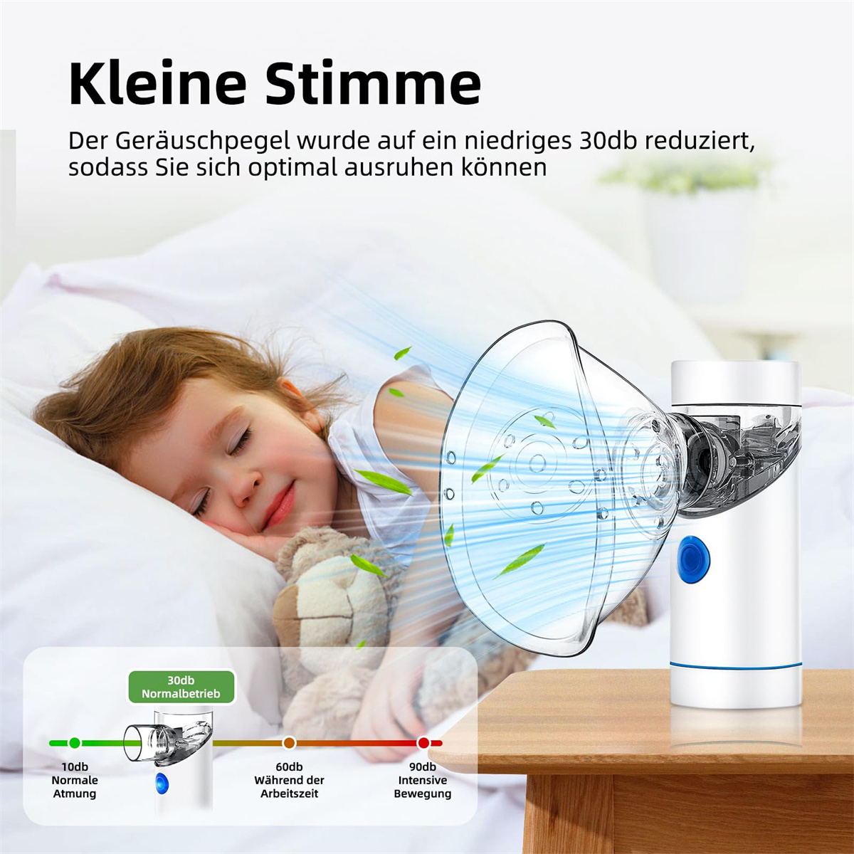 Ein schlafendes Kind neben einem Vernebler. Das Bild zeigt ein Gerät mit Maske und ein Diagramm der Geräuschpegel.