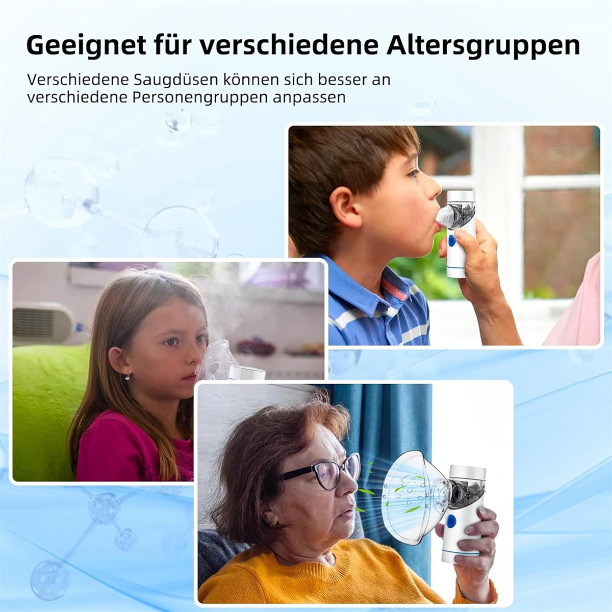 Das Bild zeigt Menschen unterschiedlichen Alters, die ein Inhalationsgerät benutzen. Ein Junge, ein Mädchen und eine ältere Frau sind zu sehen.