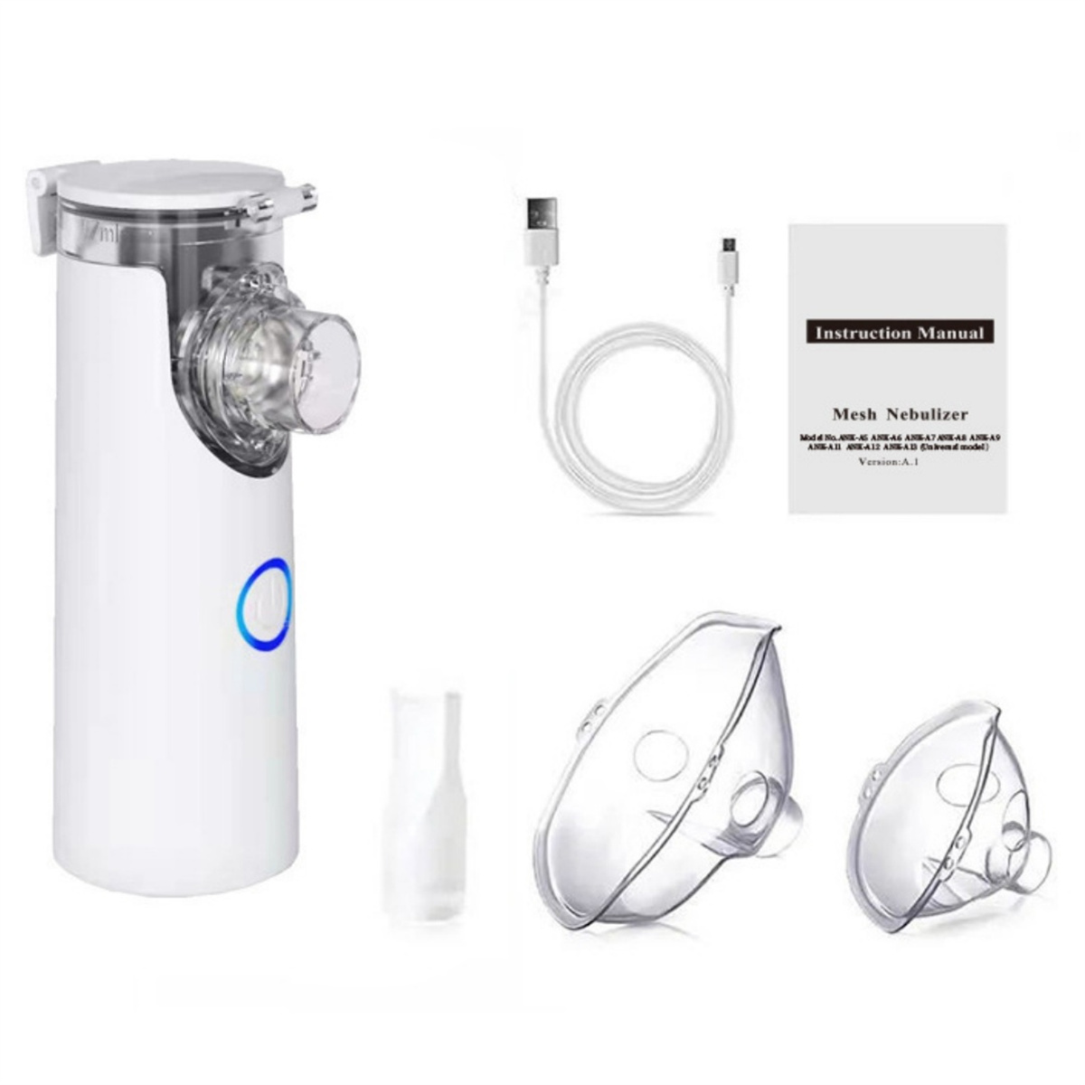Ein weißes Mesh-Vernebler-Kit, einschließlich Gerät, Masken, Bedienungsanleitung, USB-Kabel und kleinem Behälter.