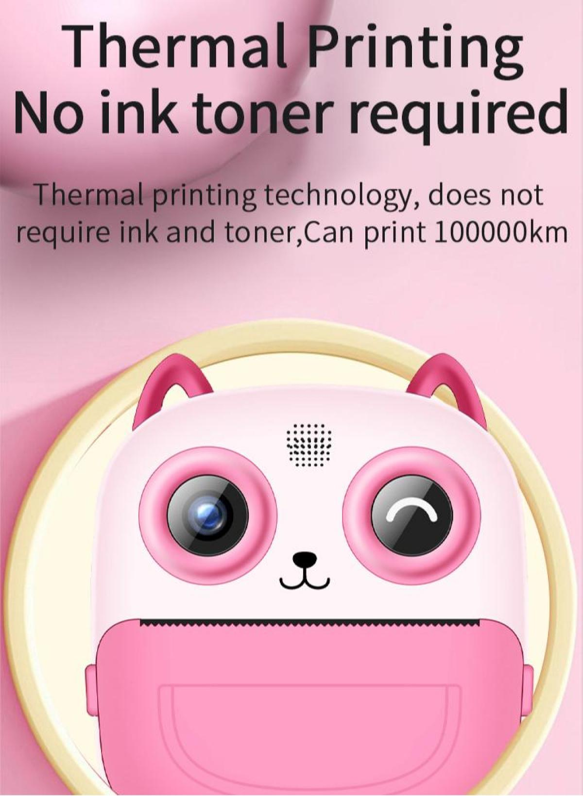 Rosa Thermodrucker mit katzenartigem Design. Text: Thermodruck, Kein Tinten-Toner erforderlich. Es hat zwei Augen und Ohren.