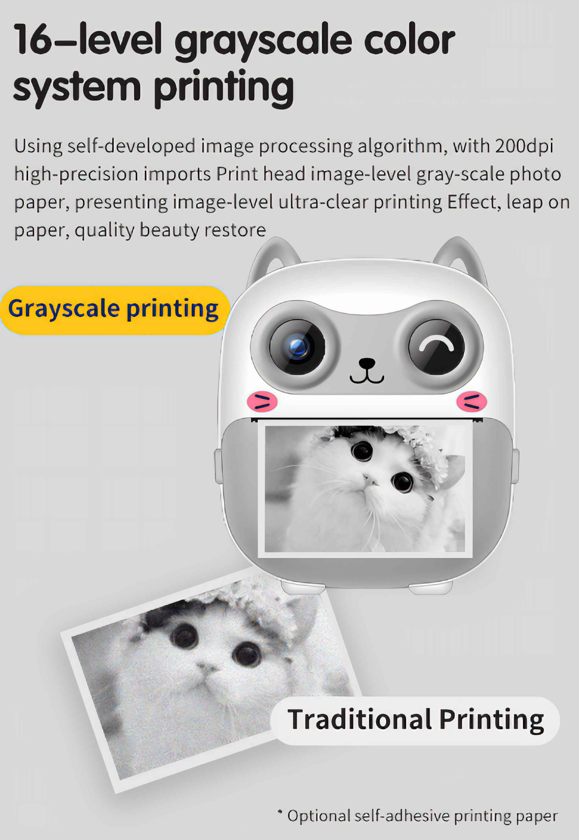 Ein weißer Katzenabdruck wird aus einem grauen Drucker mit Katzengesicht gezeigt. Der Text lautet Graustufendruck.
