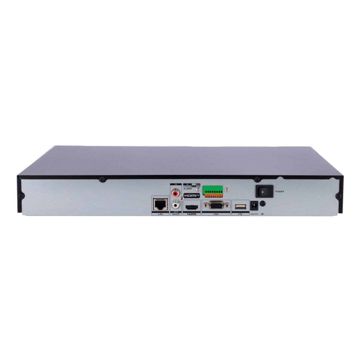 Rückansicht eines schwarzen DVR. Es hat verschiedene Anschlüsse, darunter LAN, HDMI, USB und Strom. Grüne Anschlüsse sind sichtbar.