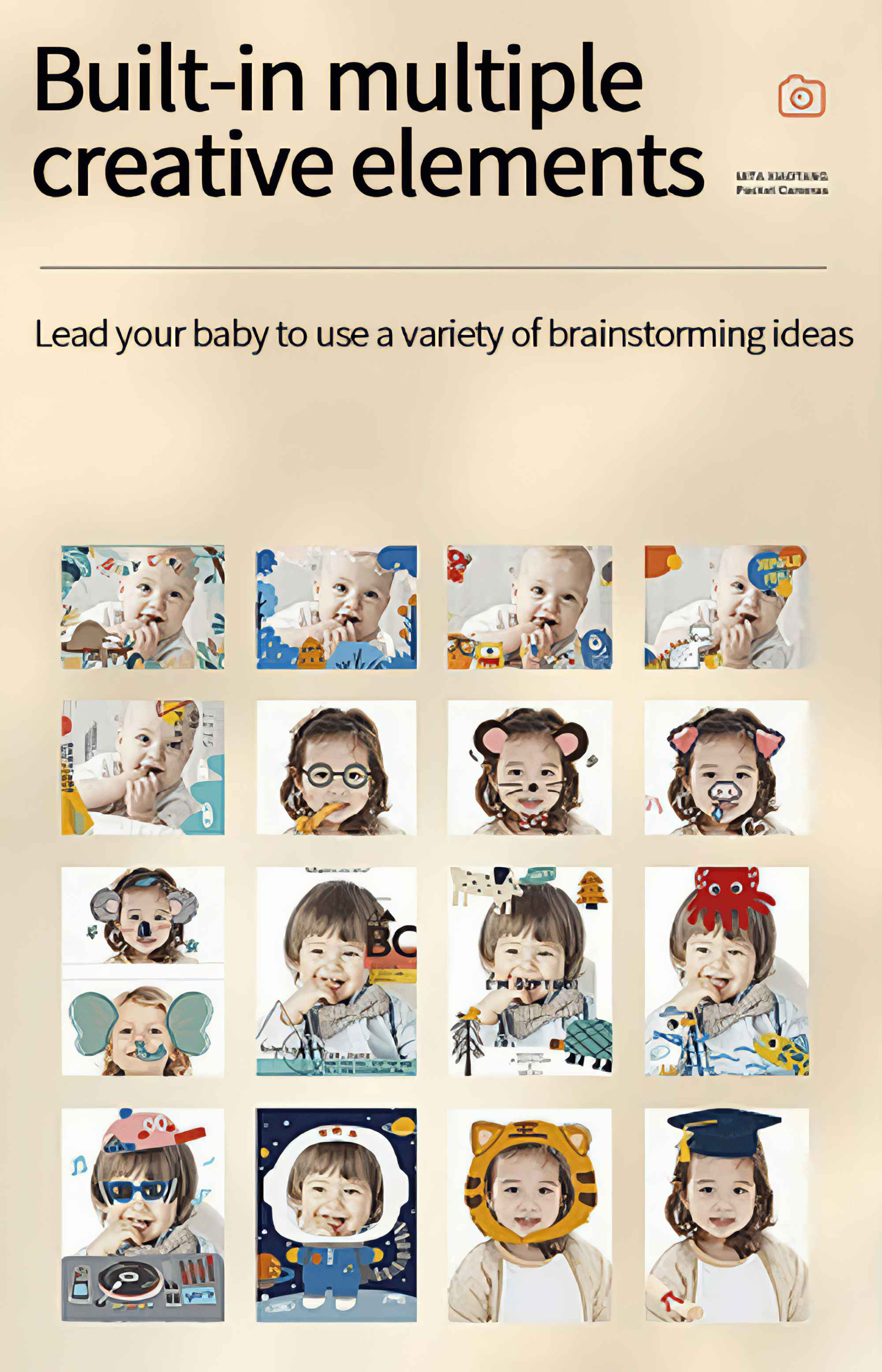 Das Bild zeigt Babys mit kreativen Elementen. Der Text lautet: "Eingebaute multiple kreative Elemente. Bringen Sie Ihr Baby dazu, eine Vielzahl von Brainstorming-Ideen zu verwenden."