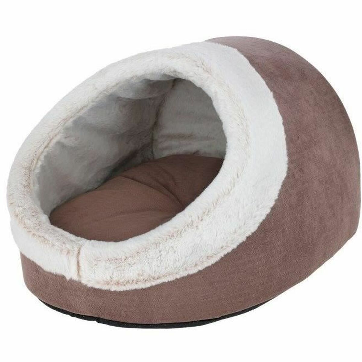 Ein braunes Haustierbett in Form einer Höhle. Es hat einen weißen, flauschigen Rand und ein braunes Kissen im Inneren.
