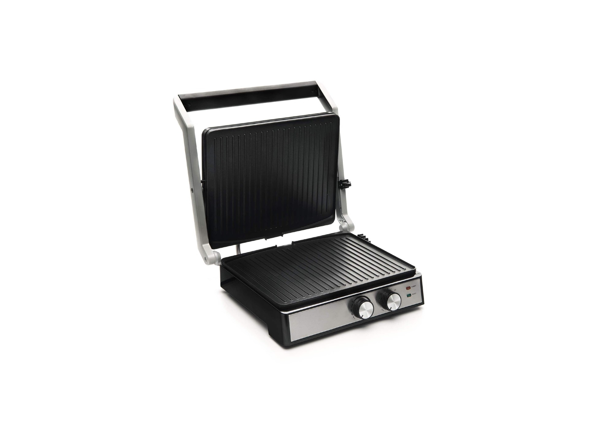 Otwarty grill elektryczny z czarną powierzchnią do gotowania, srebrną ramą i dwoma pokrętłami, na białym tle.