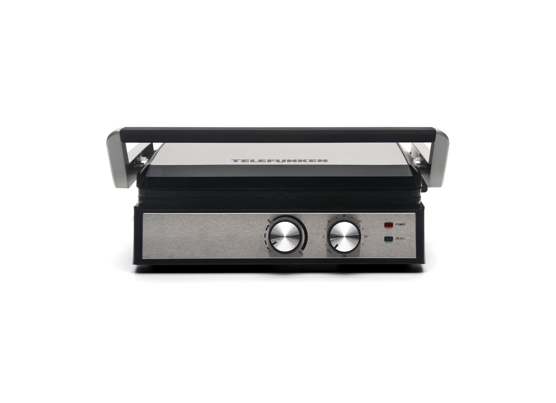 Czarny i srebrny grill Telefunken jest wyśrodkowany na białym tle. Ma uchwyt, pokrętła i kontrolki.