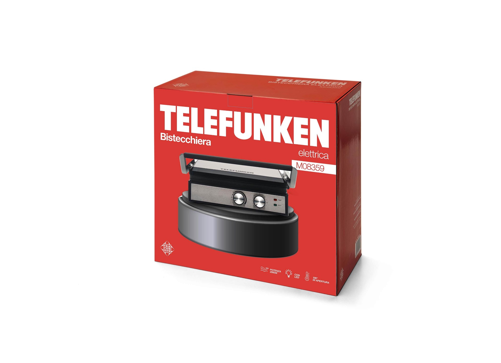 Elektryczny grill Telefunken, model M08359, jest wystawiony w czerwonym pudełku. Grill jest srebrny i czarny, z uchwytem i pokrętłami.