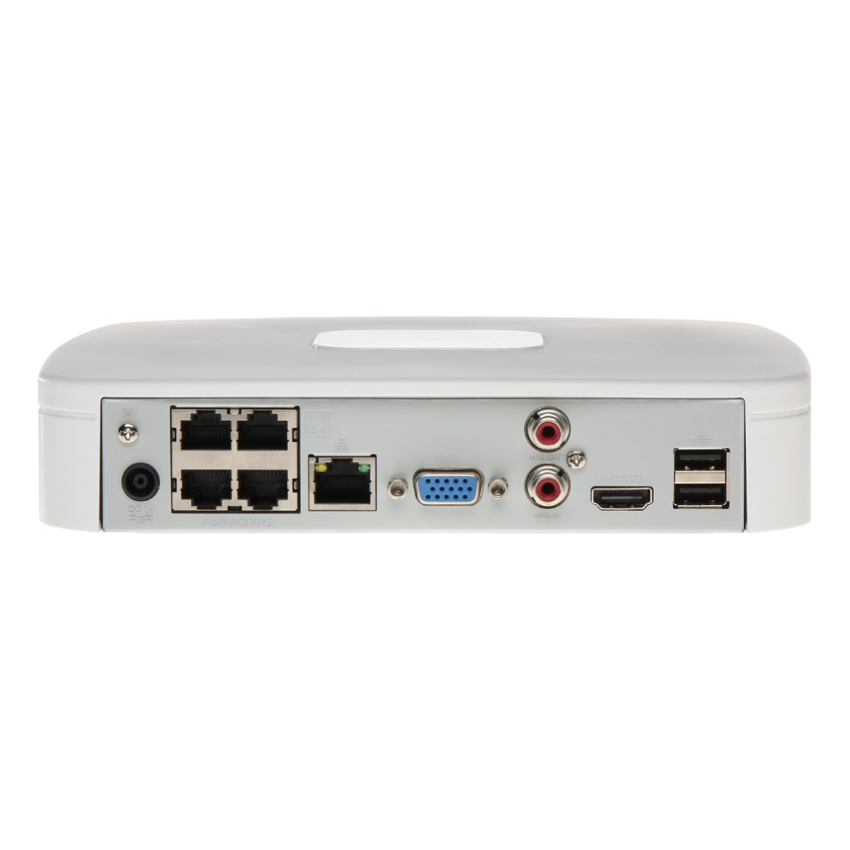 Rückansicht eines weißen, rechteckigen elektronischen Geräts. Enthält Anschlüsse für Ethernet, Video, Audio, USB und Strom.