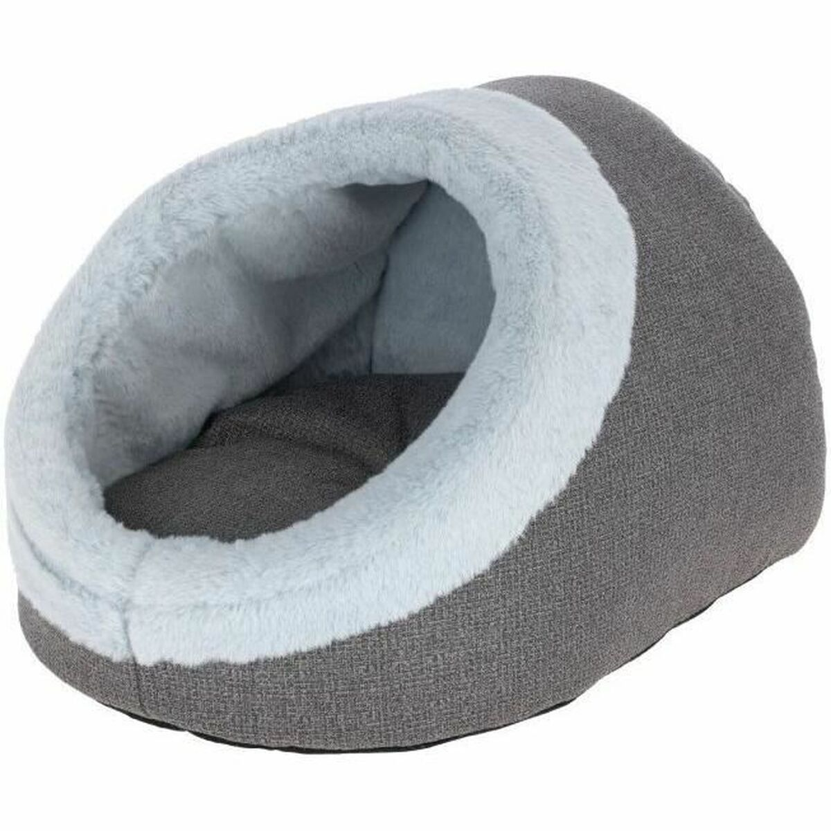 Ein graues Haustierbett mit hellblauem, flauschigem Innenraum und Zierleisten. Das Bett ist kuppelförmig und hat ein gemütliches, geschlossenes Design.