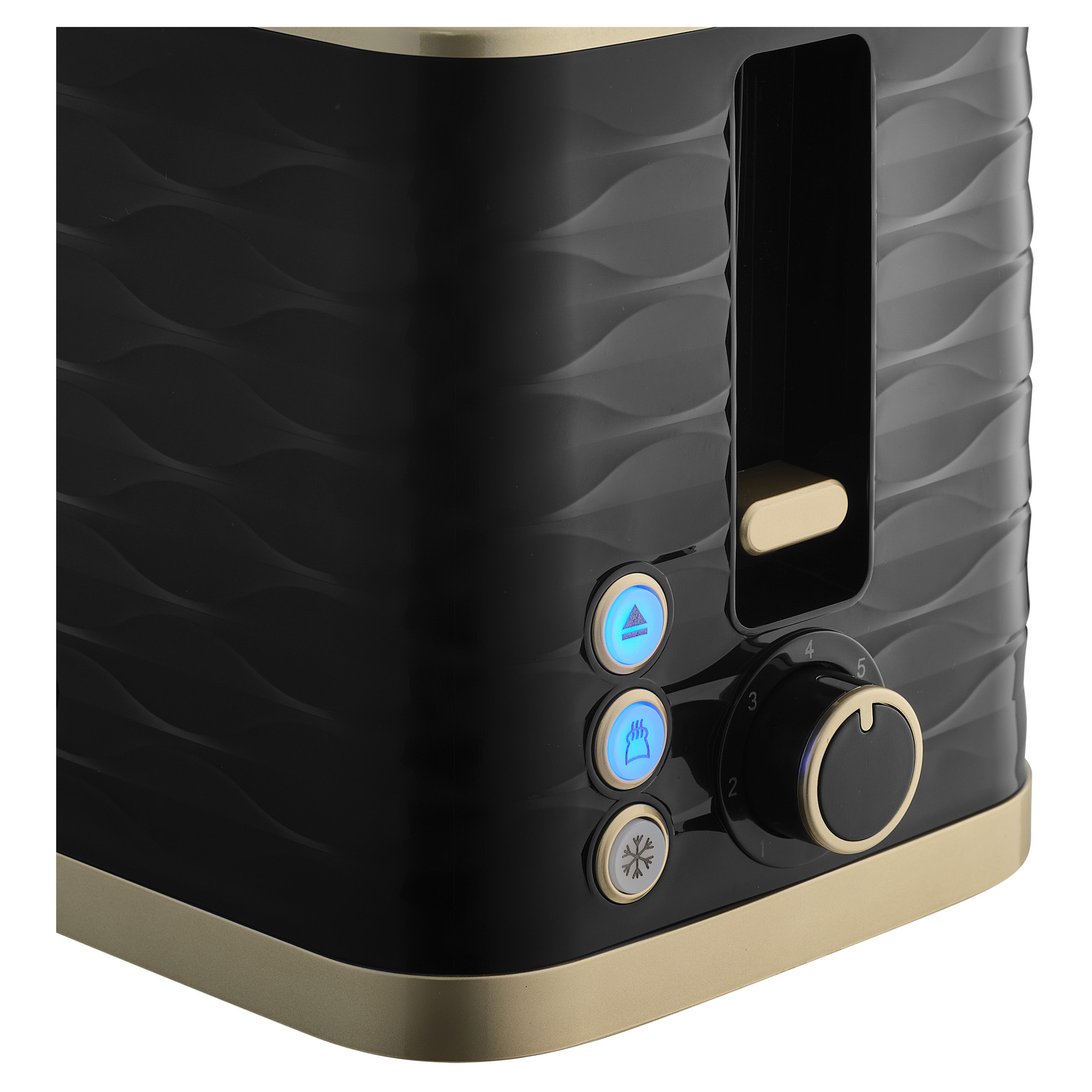 Czarny i złoty toster z falistym wzorem. Posiada przyciski i pokrętło do ustawień.