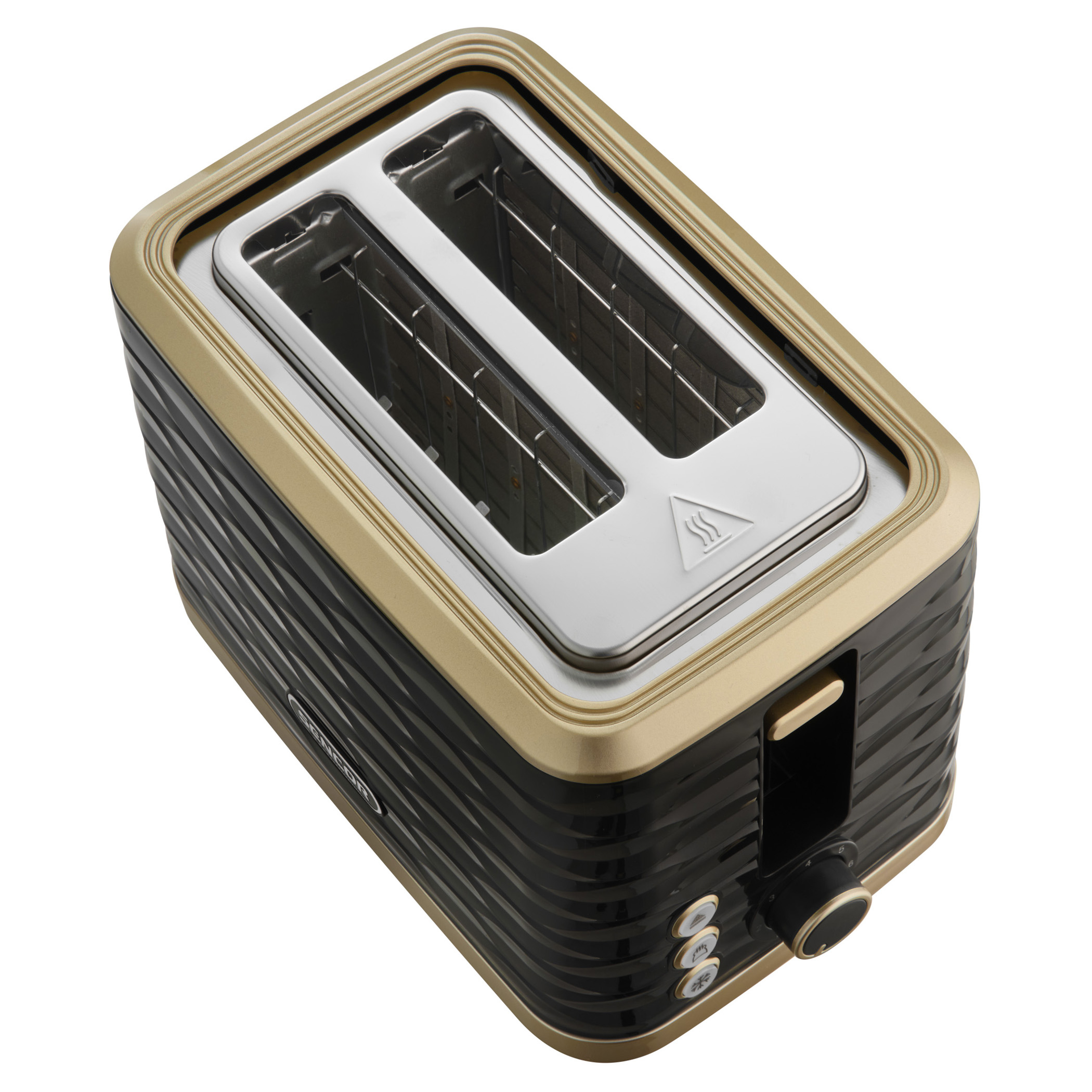 Czarny i złoty toster z dwoma otworami. Ma dźwignię, pokrętło i przyciski. Tło jest białe.