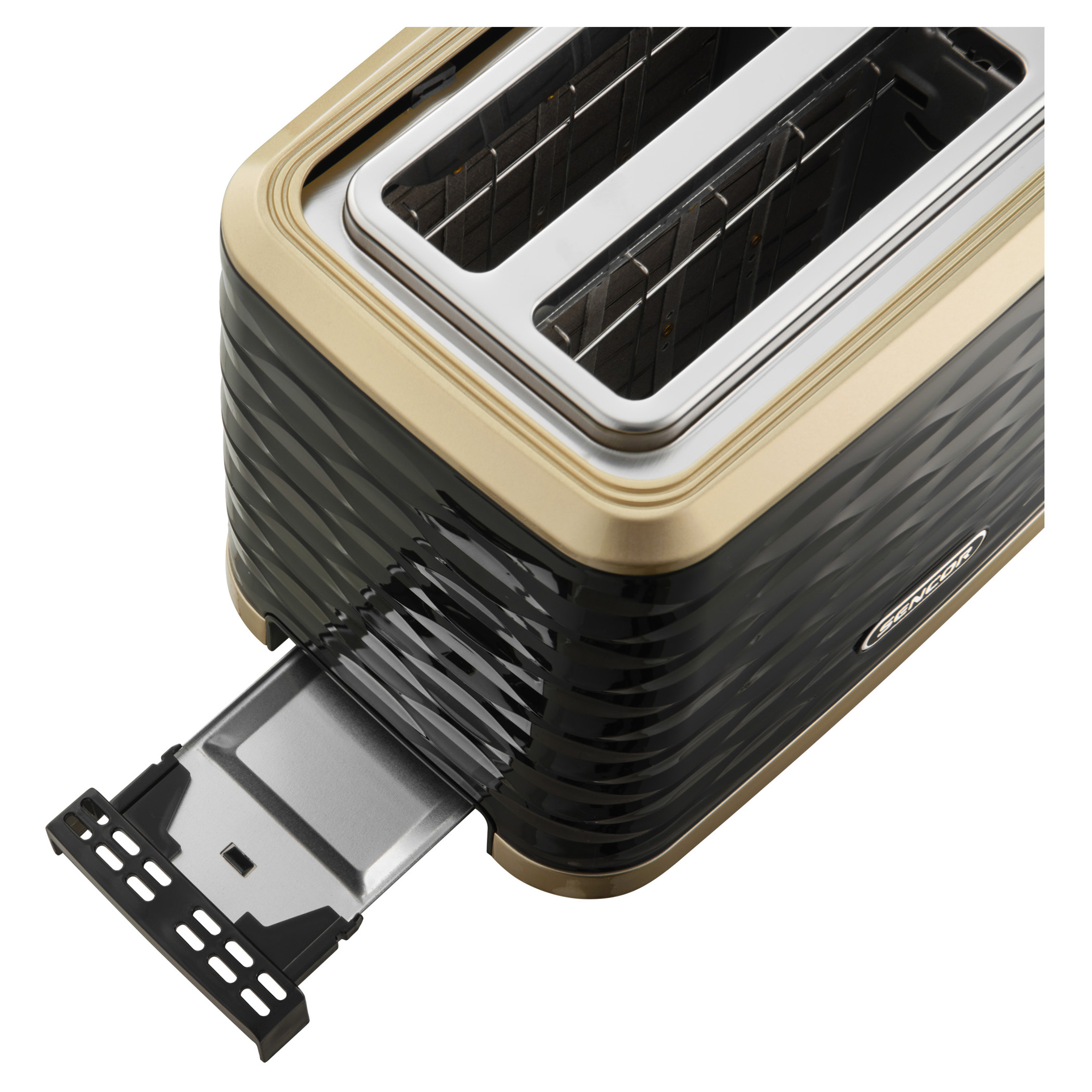 Czarny i złoty toster z dwoma otworami. Taca na okruchy jest wysunięta. Toster ma falisty wzór.