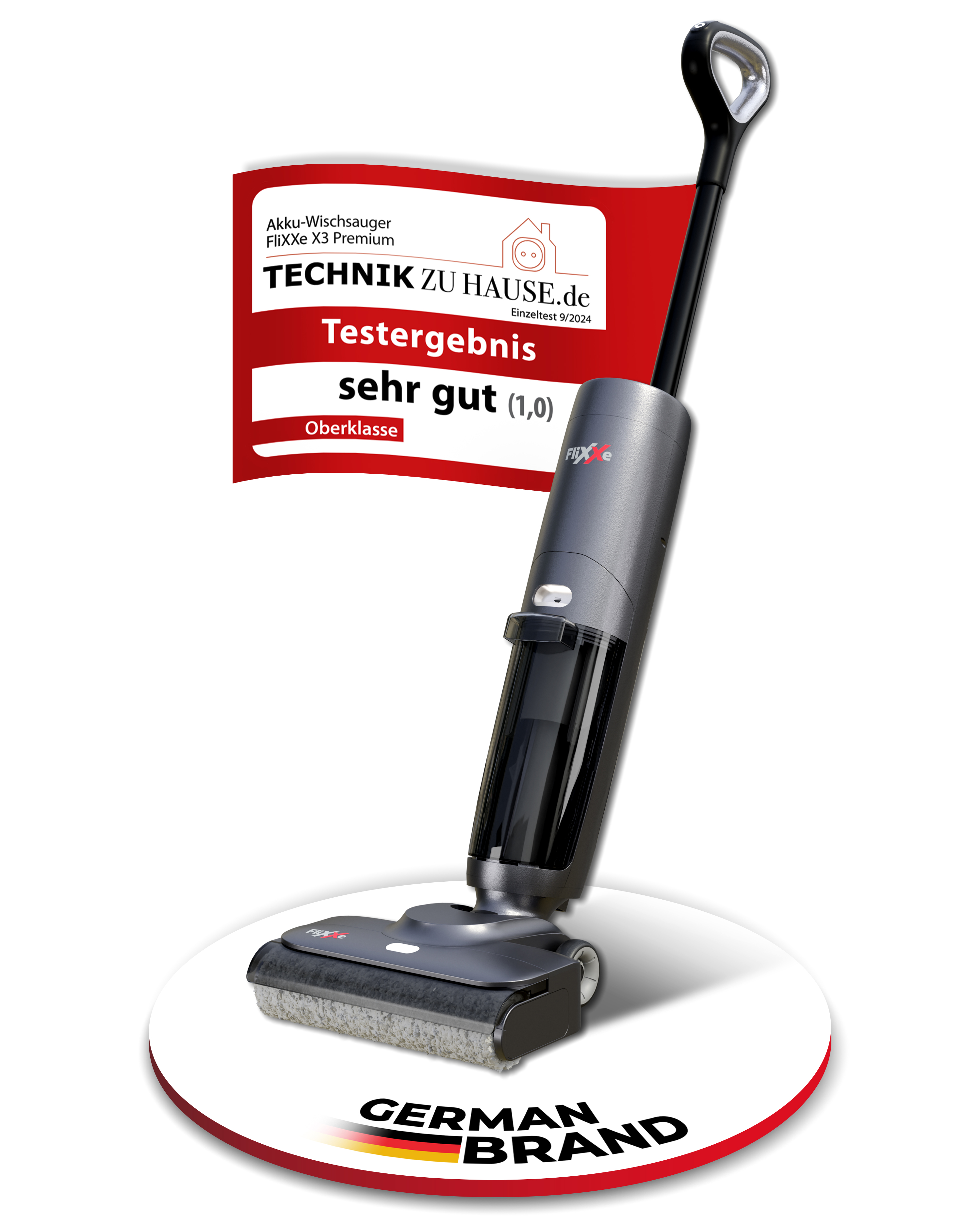 Ein grauer und schwarzer FliXXe X3 Premium Akku-Bodenreiniger. Er steht auf einer weißen Oberfläche mit dem Text 'German Brand'.