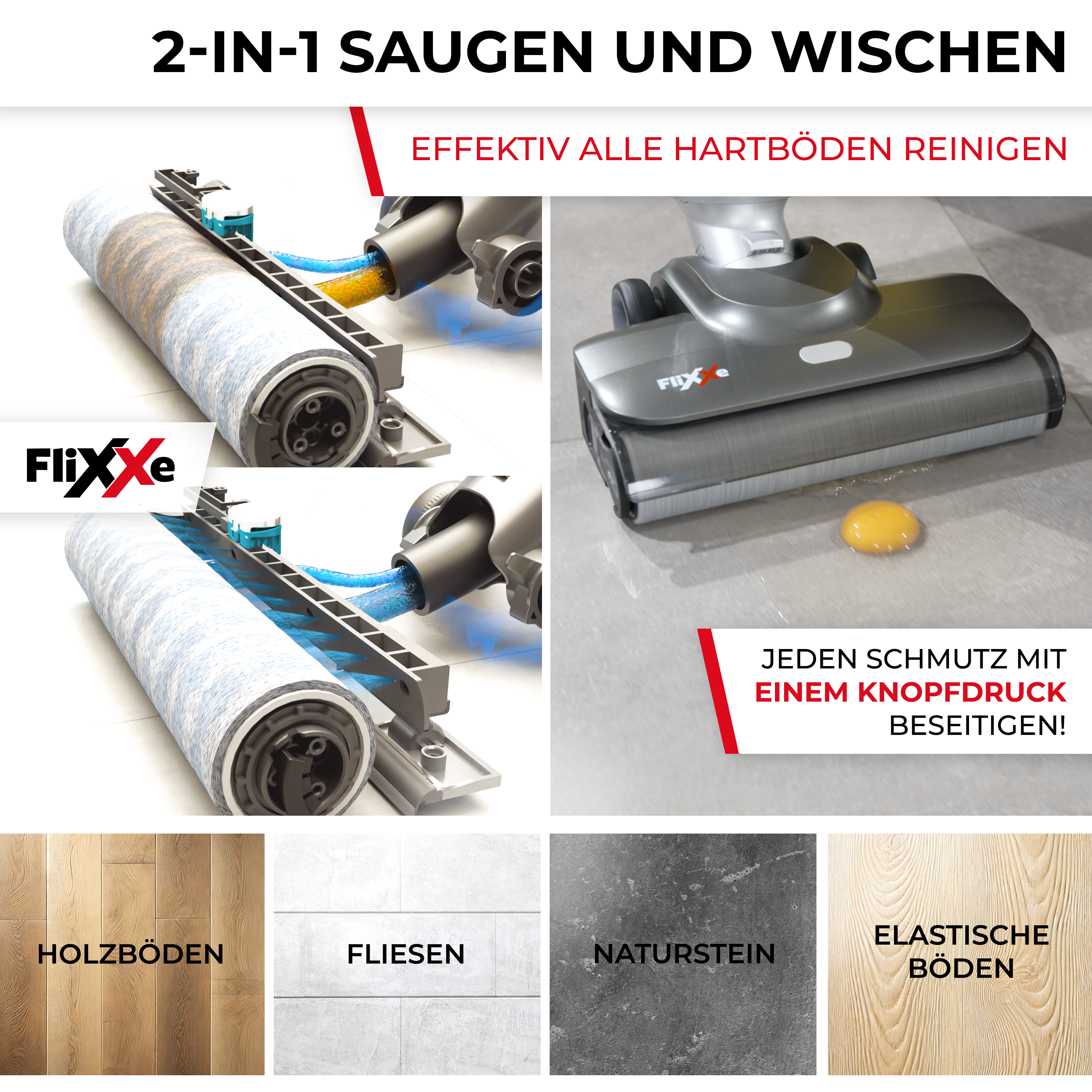 Ein Bild zeigt einen 2-in-1-Staubsauger. Es reinigt Hartböden. Es gibt Bilder von verschiedenen Bodenarten.