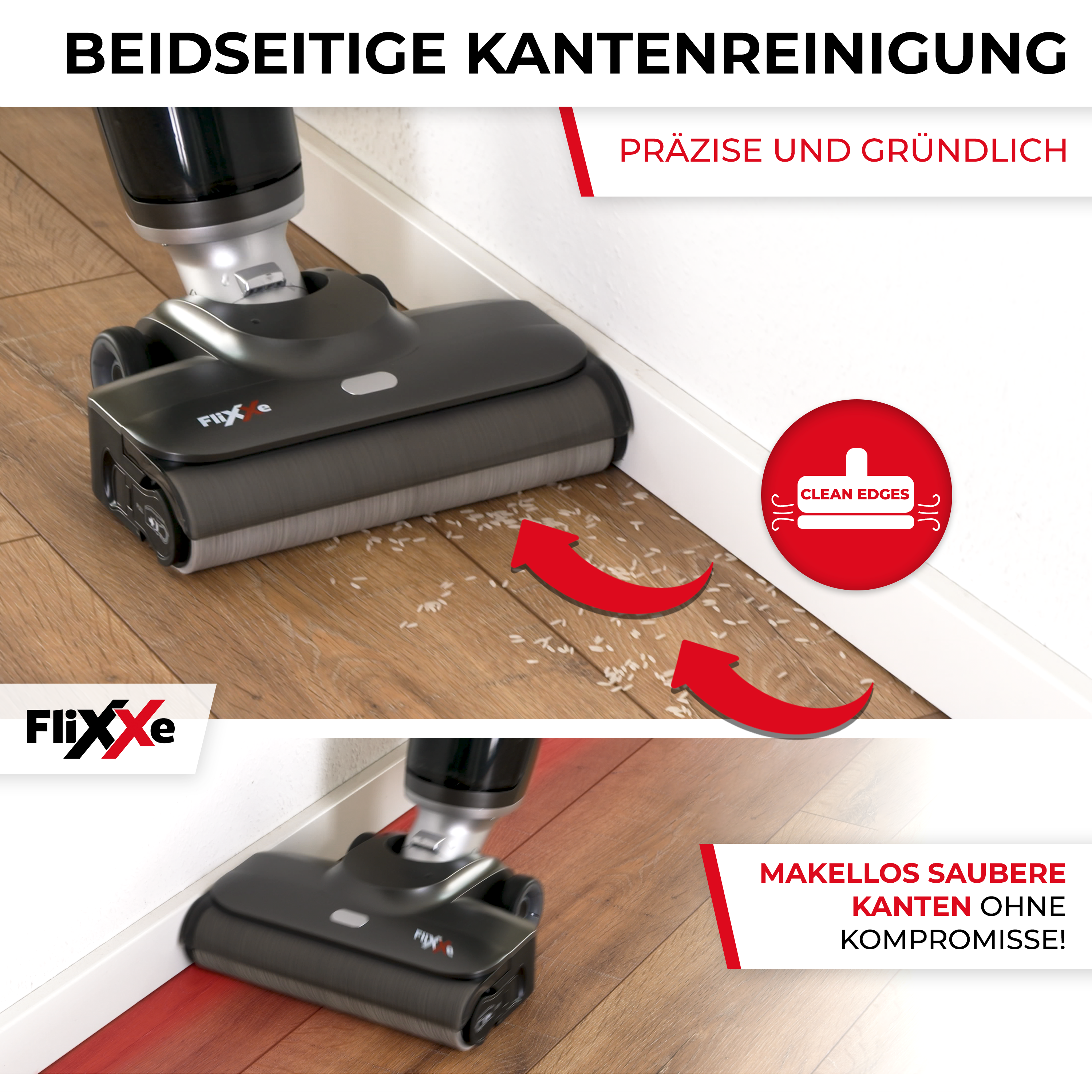 Ein Staubsauger reinigt entlang einer weißen Wand. Der Staubsauger hat einen schwarzen Körper und eine Rolle. Rote Pfeile zeigen den Reinigungsweg.