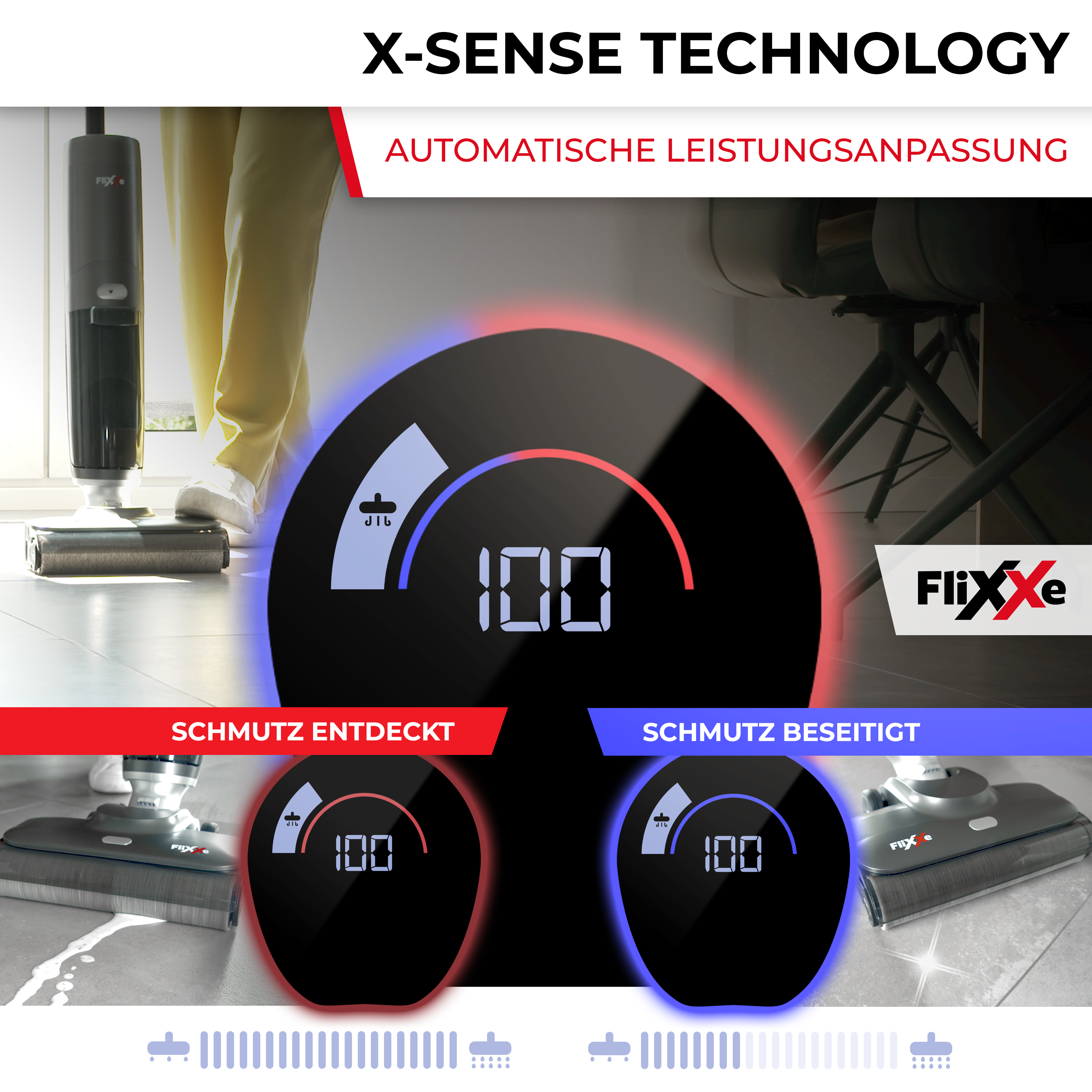 Das Bild zeigt ein Reinigungsgerät mit Digitalanzeige. Der Text lautet 'X-SENSE TECHNOLOGY'. Die Anzeige zeigt 100. Das Gerät reinigt den Boden.